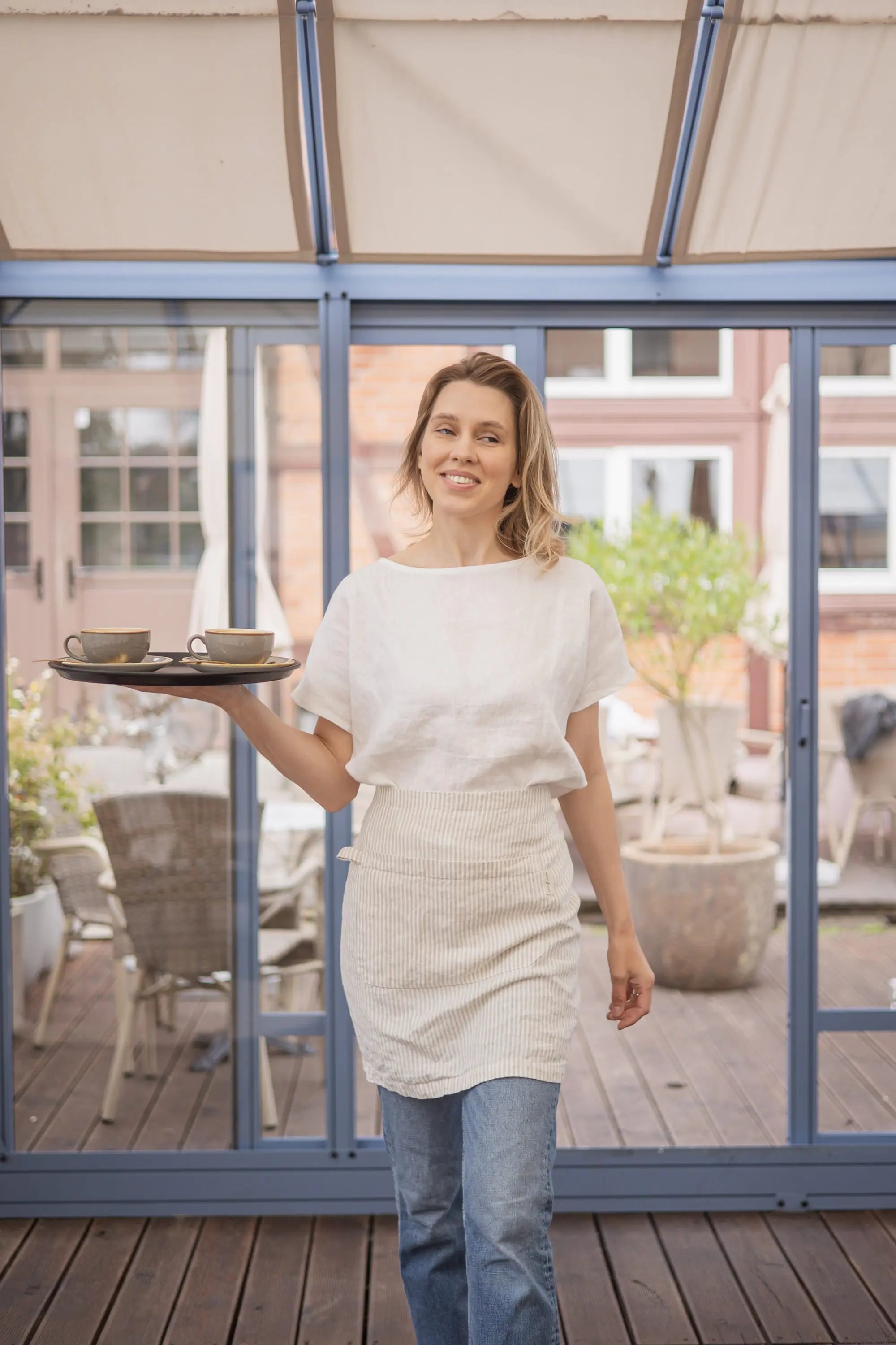 Patterned Linen Half Apron with Pockets