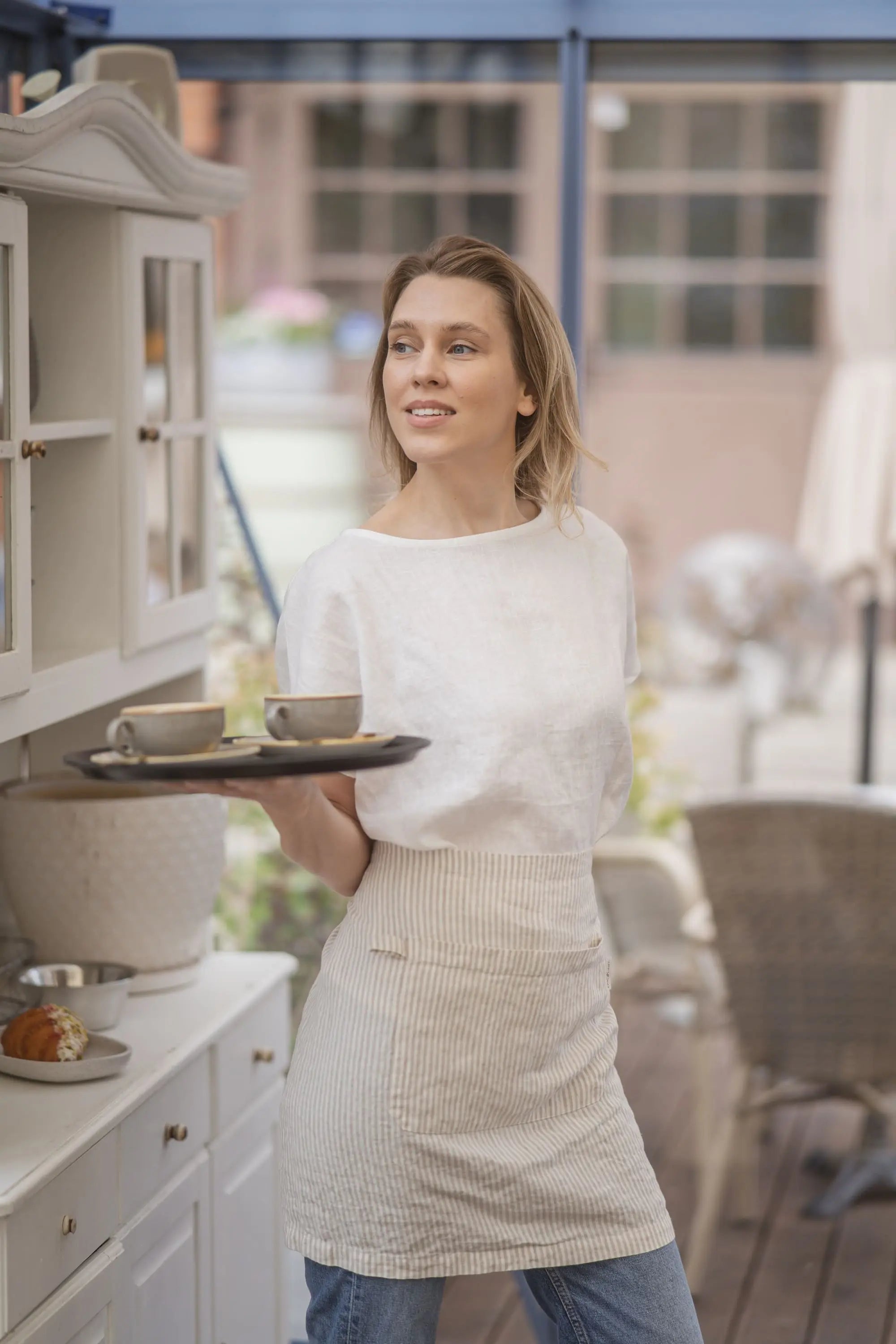 Patterned Linen Half Apron with Pockets