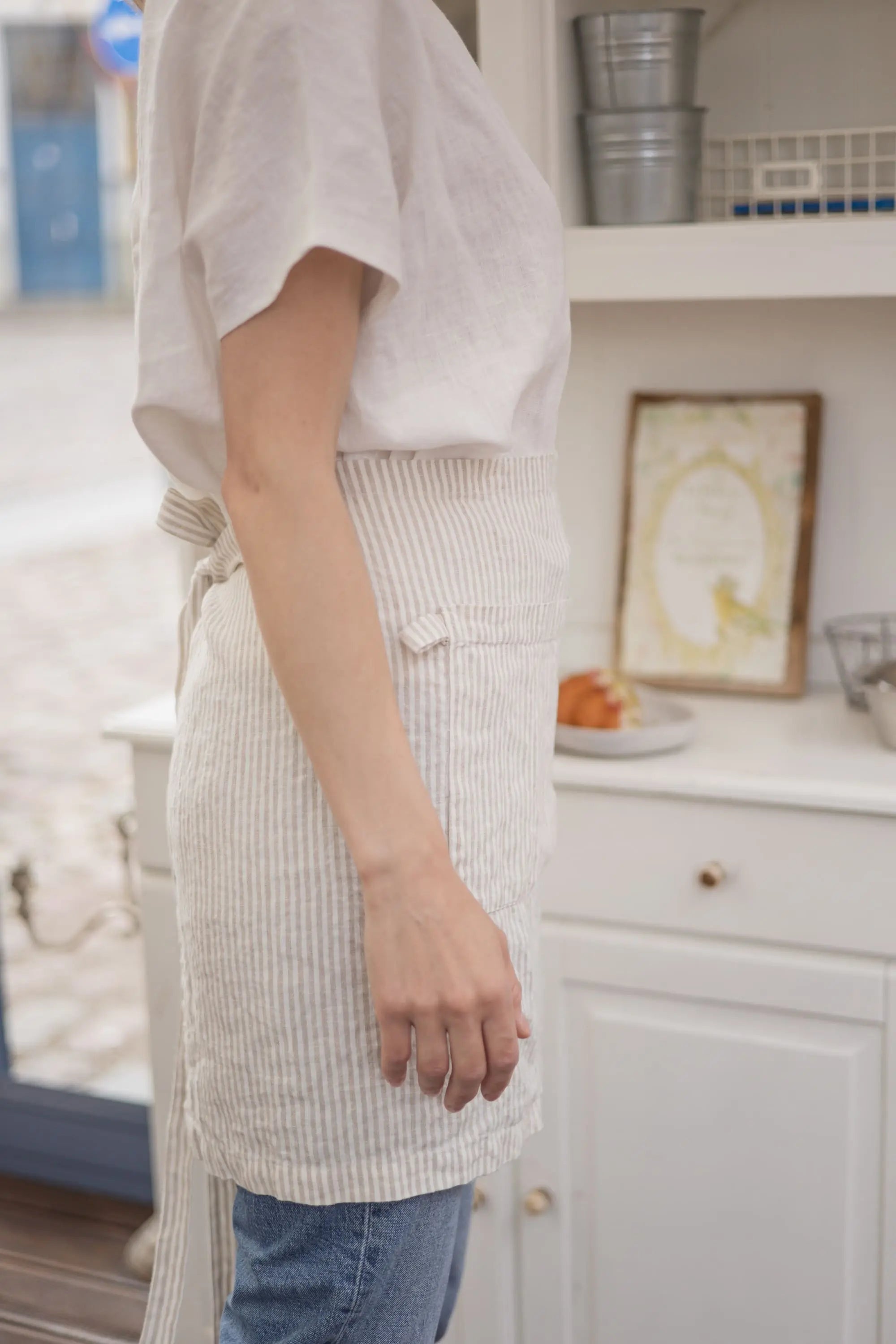 Patterned Linen Half Apron with Pockets