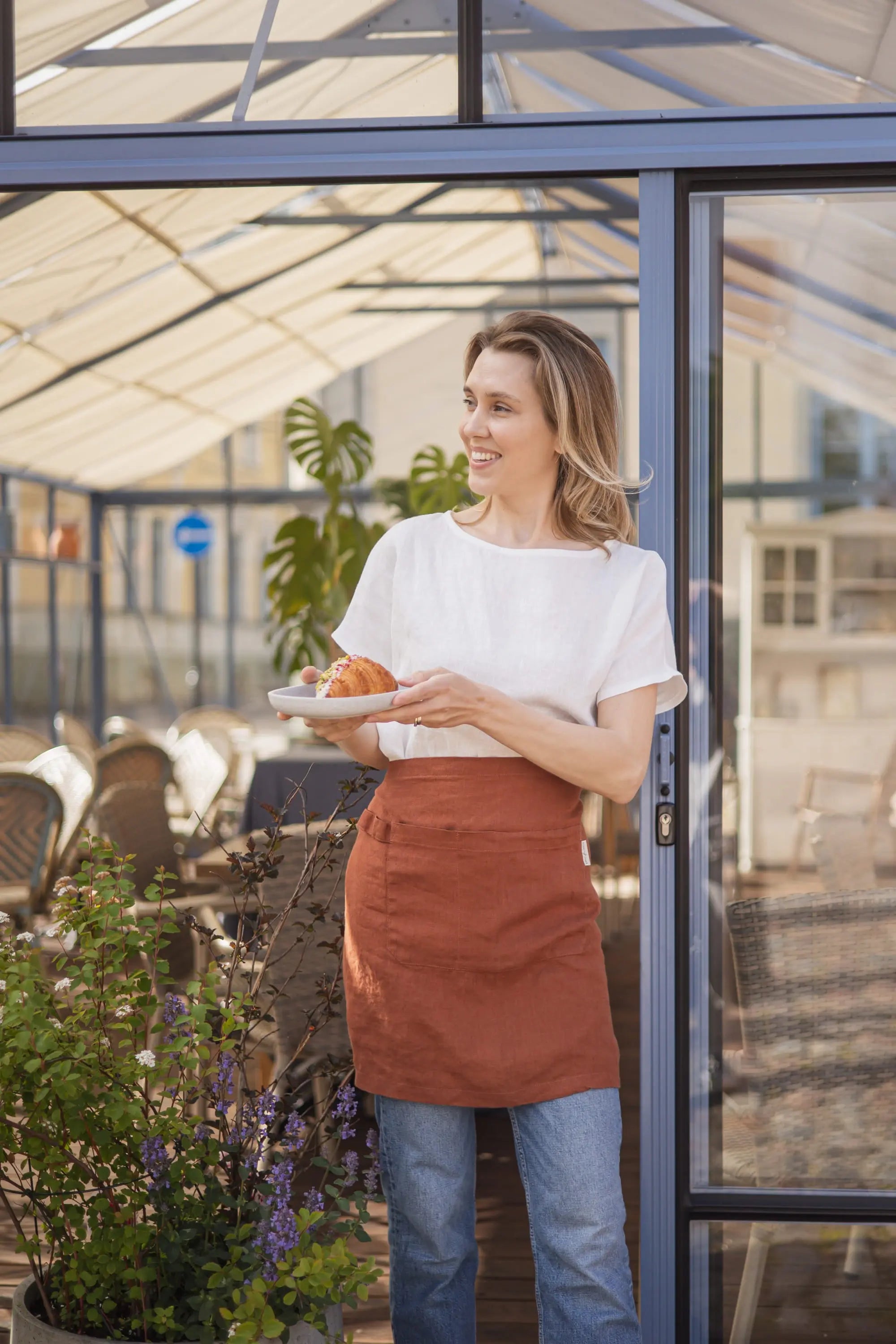 Adjustable Linen Half Apron with Pockets