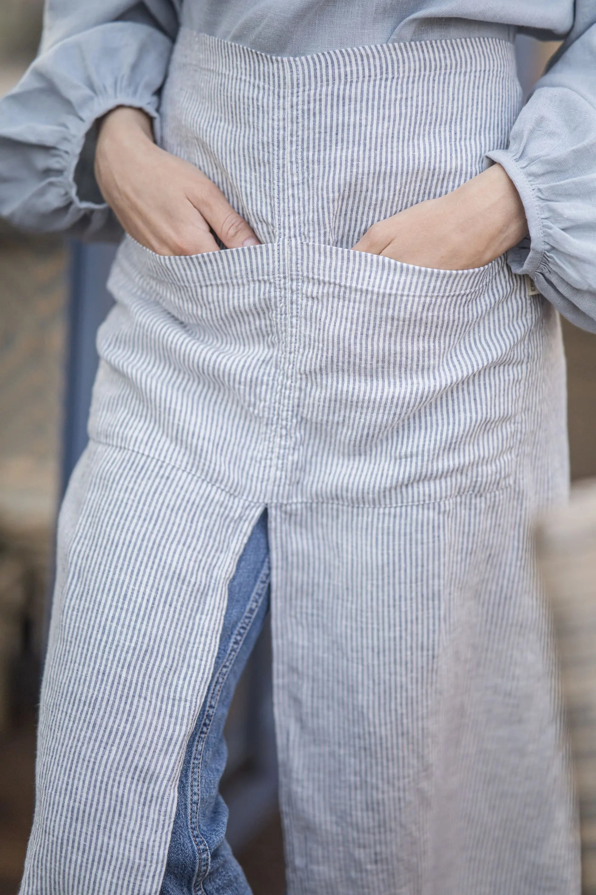 Striped Split-Leg Linen Apron with Pockets