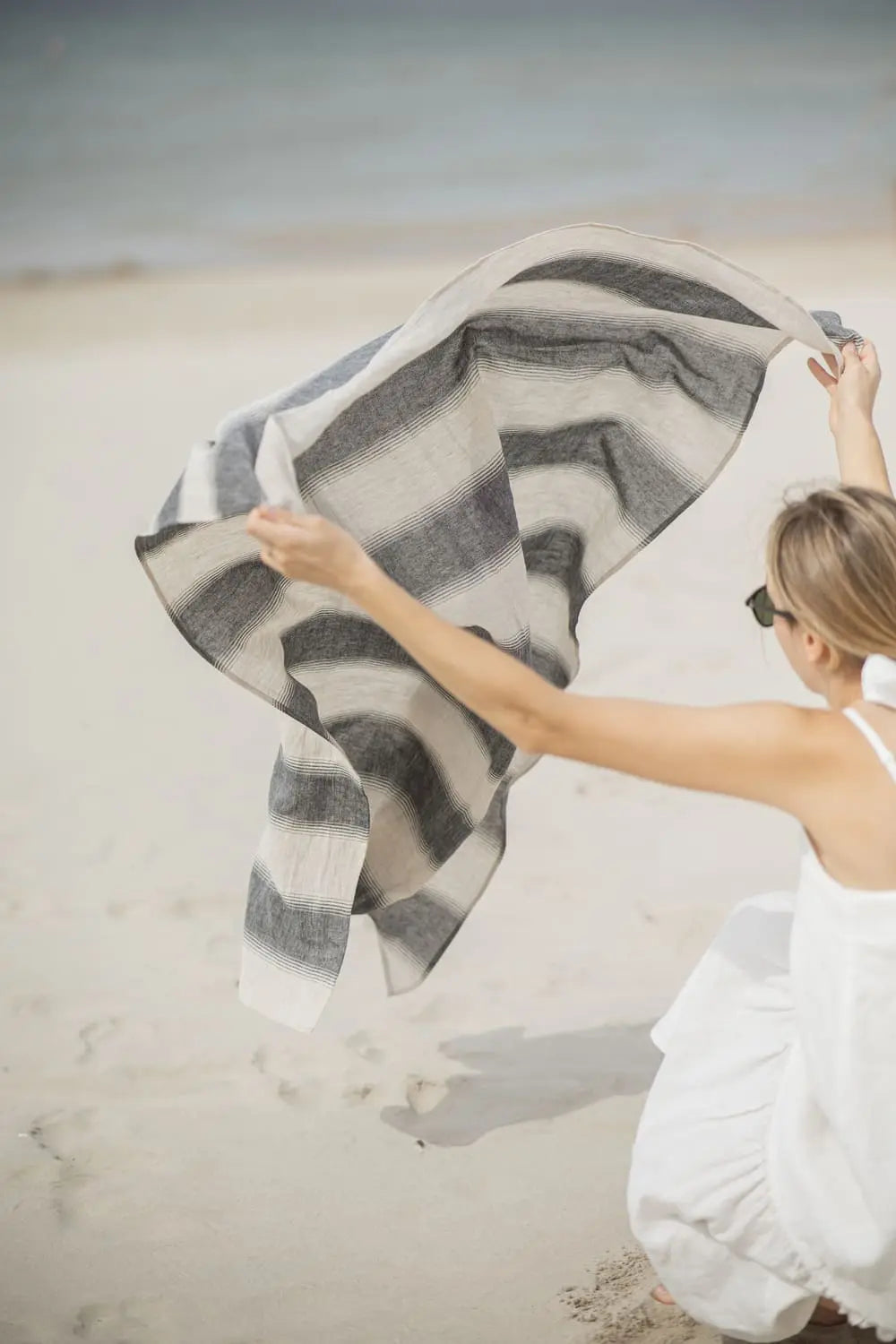 Linen Huckaback Beach Towel Natural Gray Striped