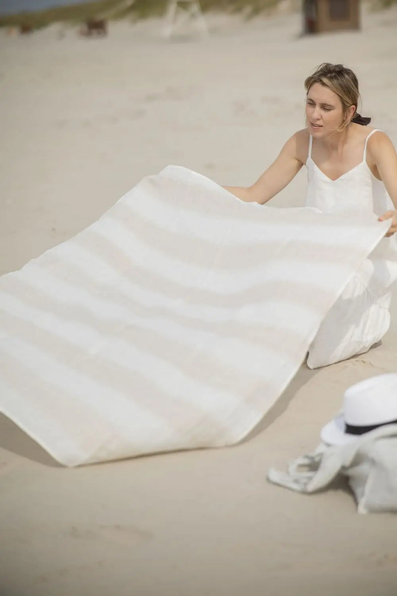 Linen Huckaback Beach Towel White Natural Striped