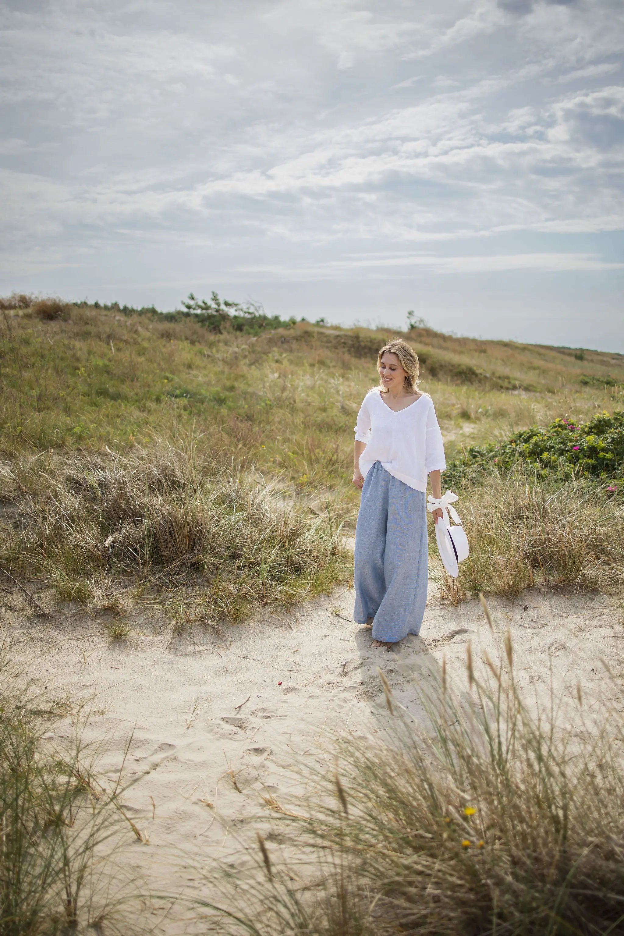 High Waisted Linen Culottes with Elastic Waistband Goose Steps