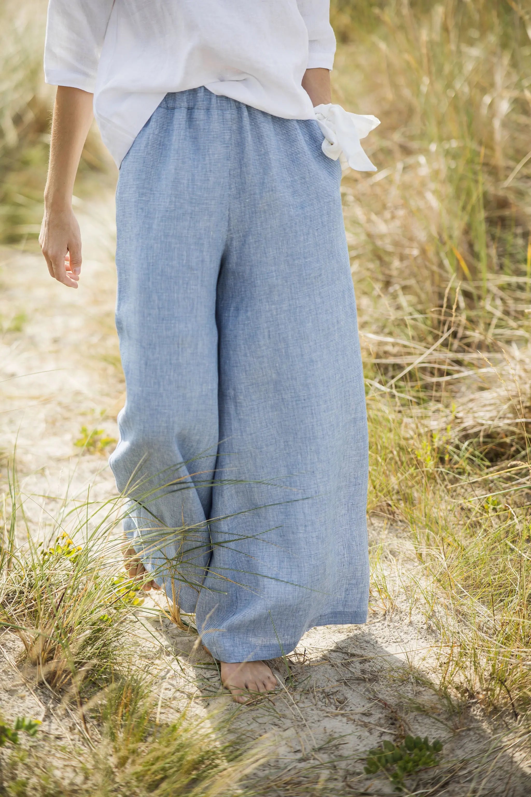 High Waisted Linen Culottes with Elastic Waistband Goose Steps