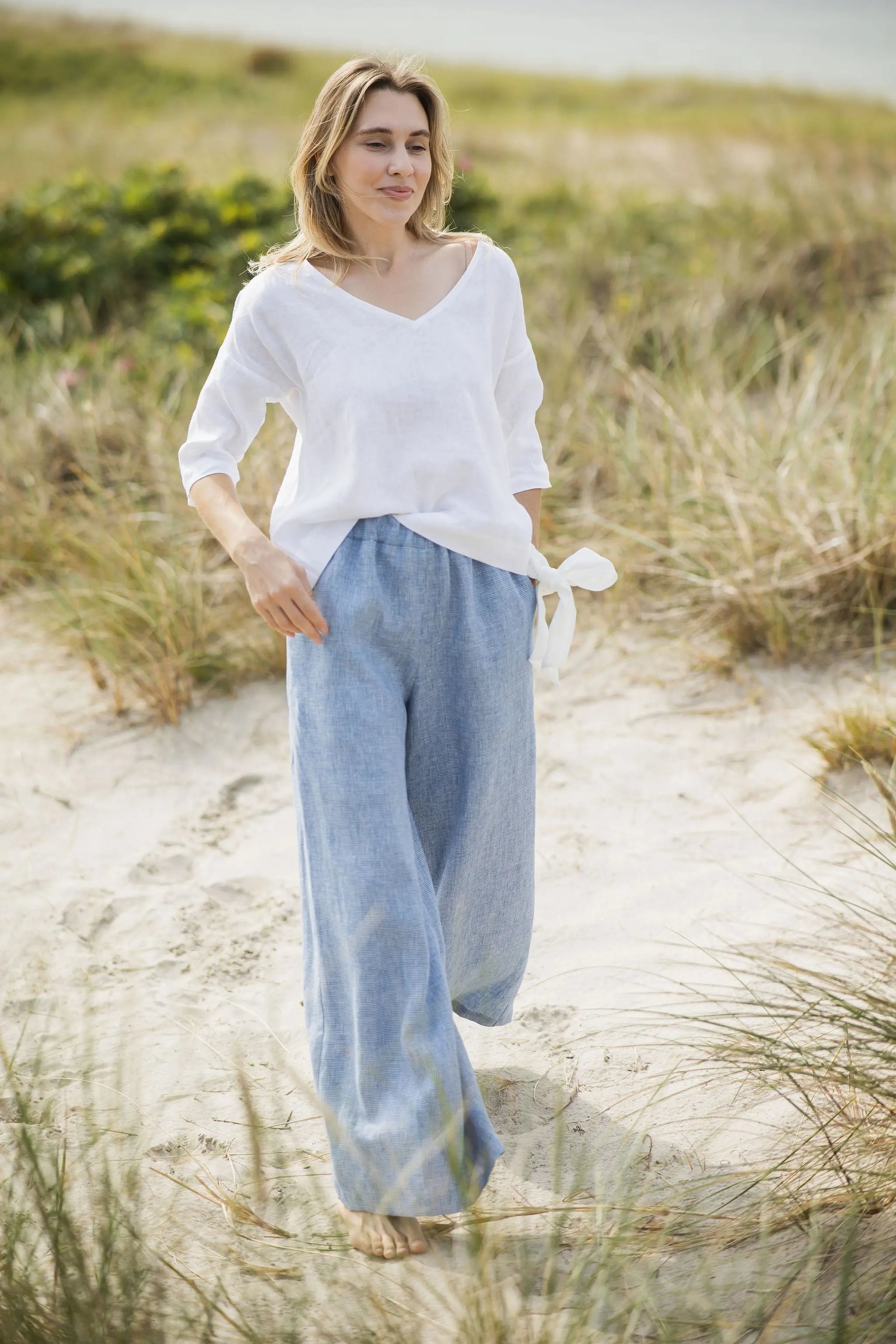 High Waisted Linen Culottes with Elastic Waistband Goose Steps