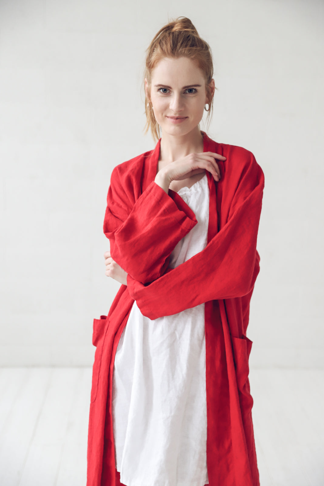 Long Linen Bathrobe in Red Epic Linen