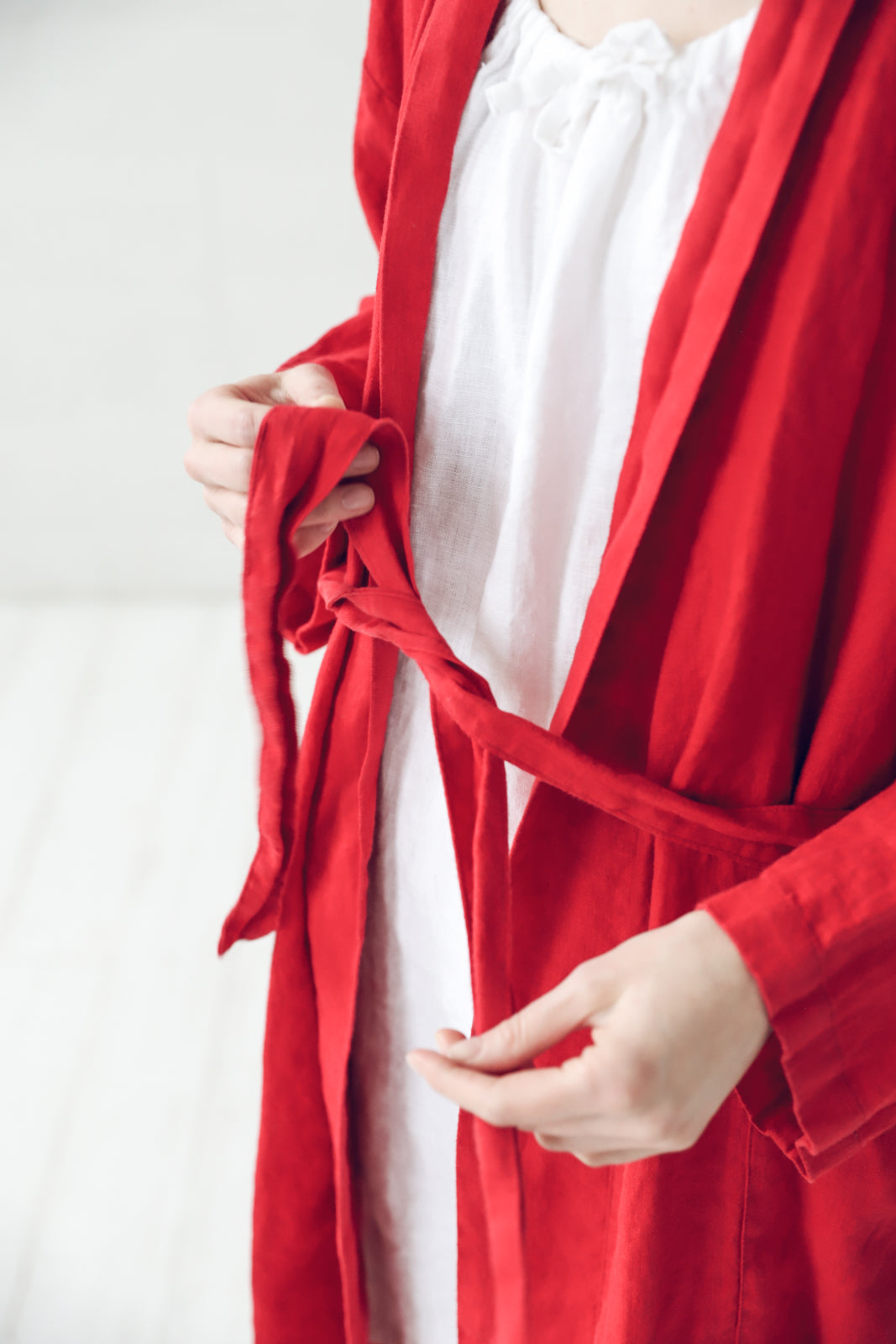 Long Linen Bathrobe in Red Epic Linen