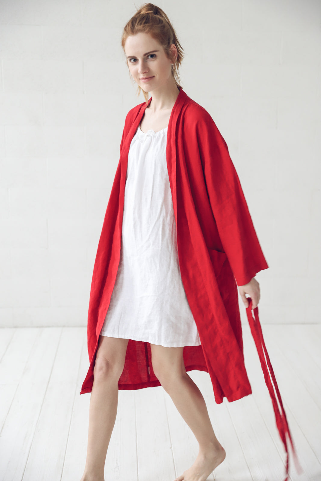 Long Linen Bathrobe in Red Epic Linen