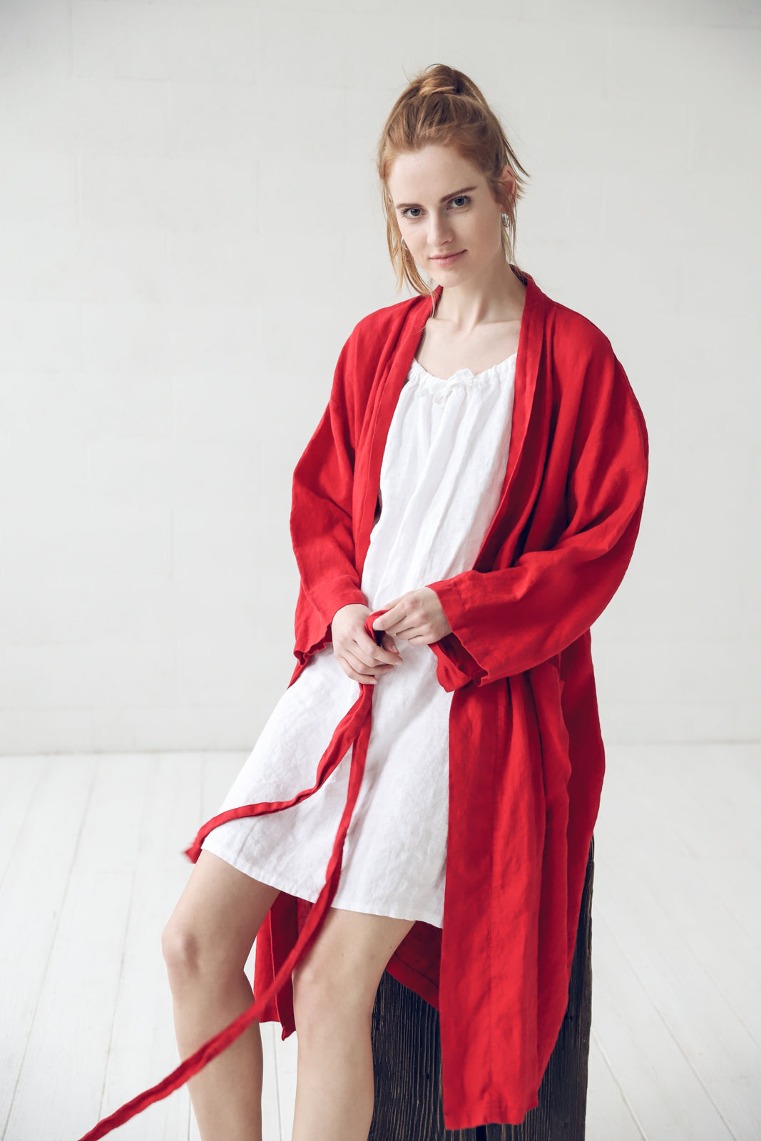 Long Linen Bathrobe in Red Epic Linen