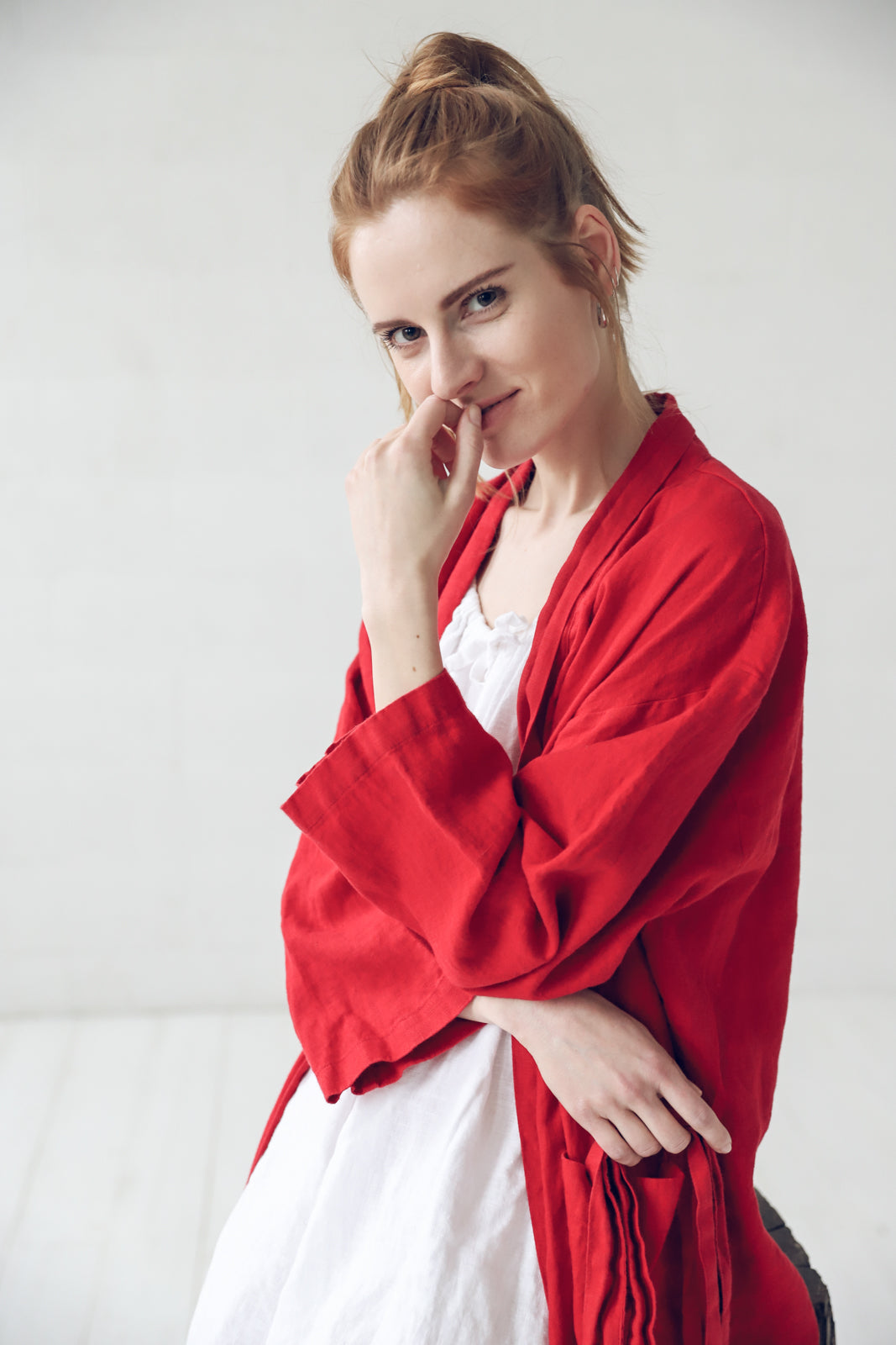 Long Linen Bathrobe in Red Epic Linen