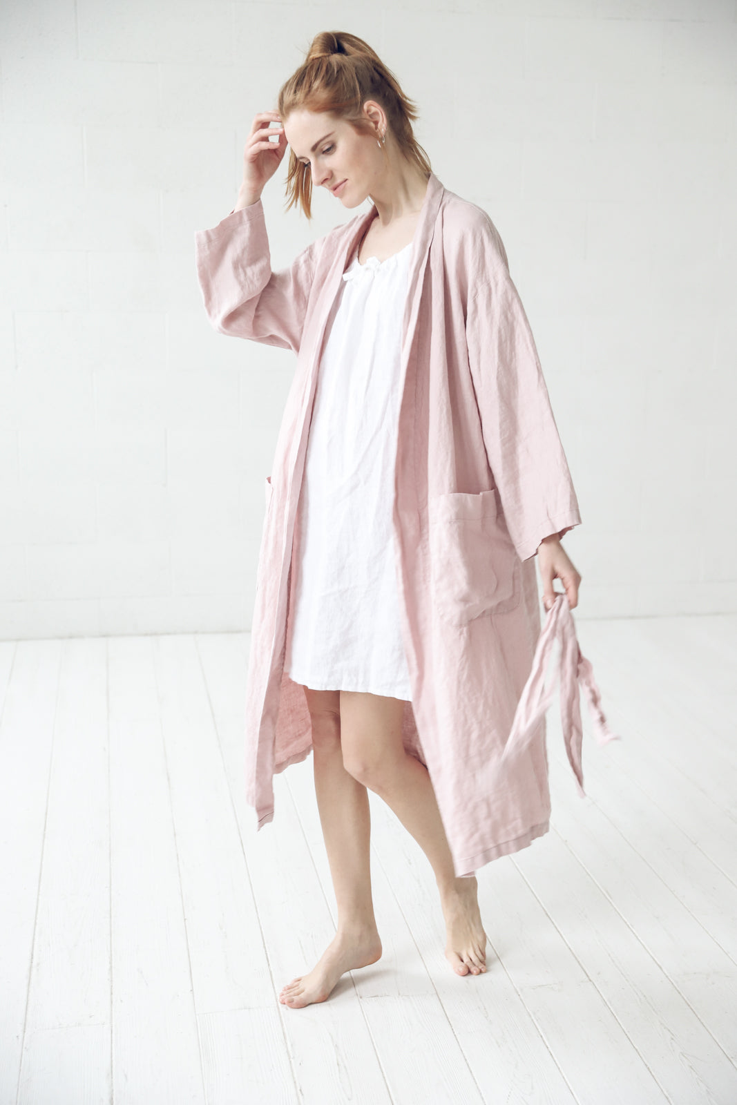 Long Linen Bathrobe in Pale Dogwood Epic Linen