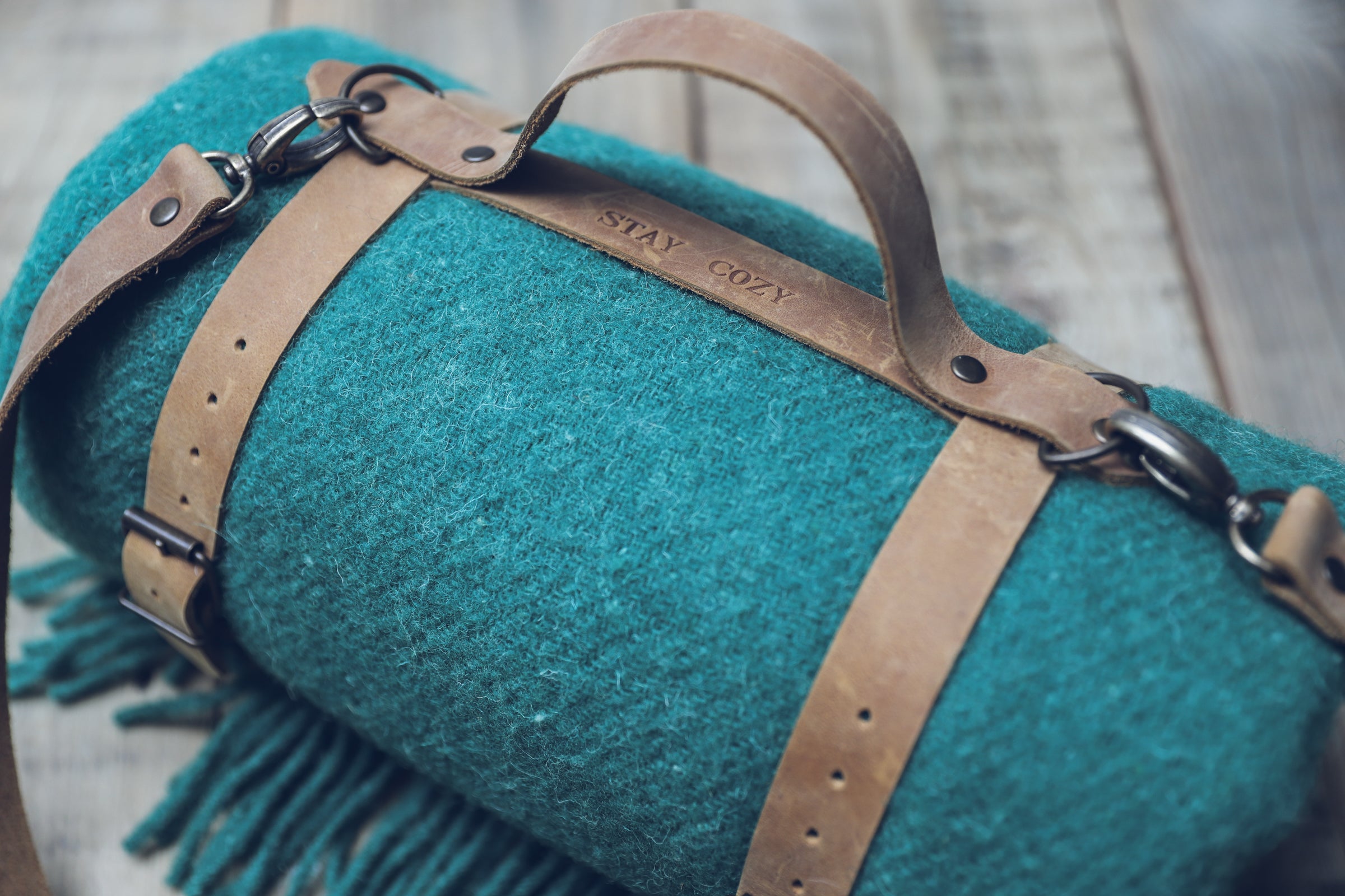 Leather Handle Straped Green Wool Throw Blanket Epic Linen