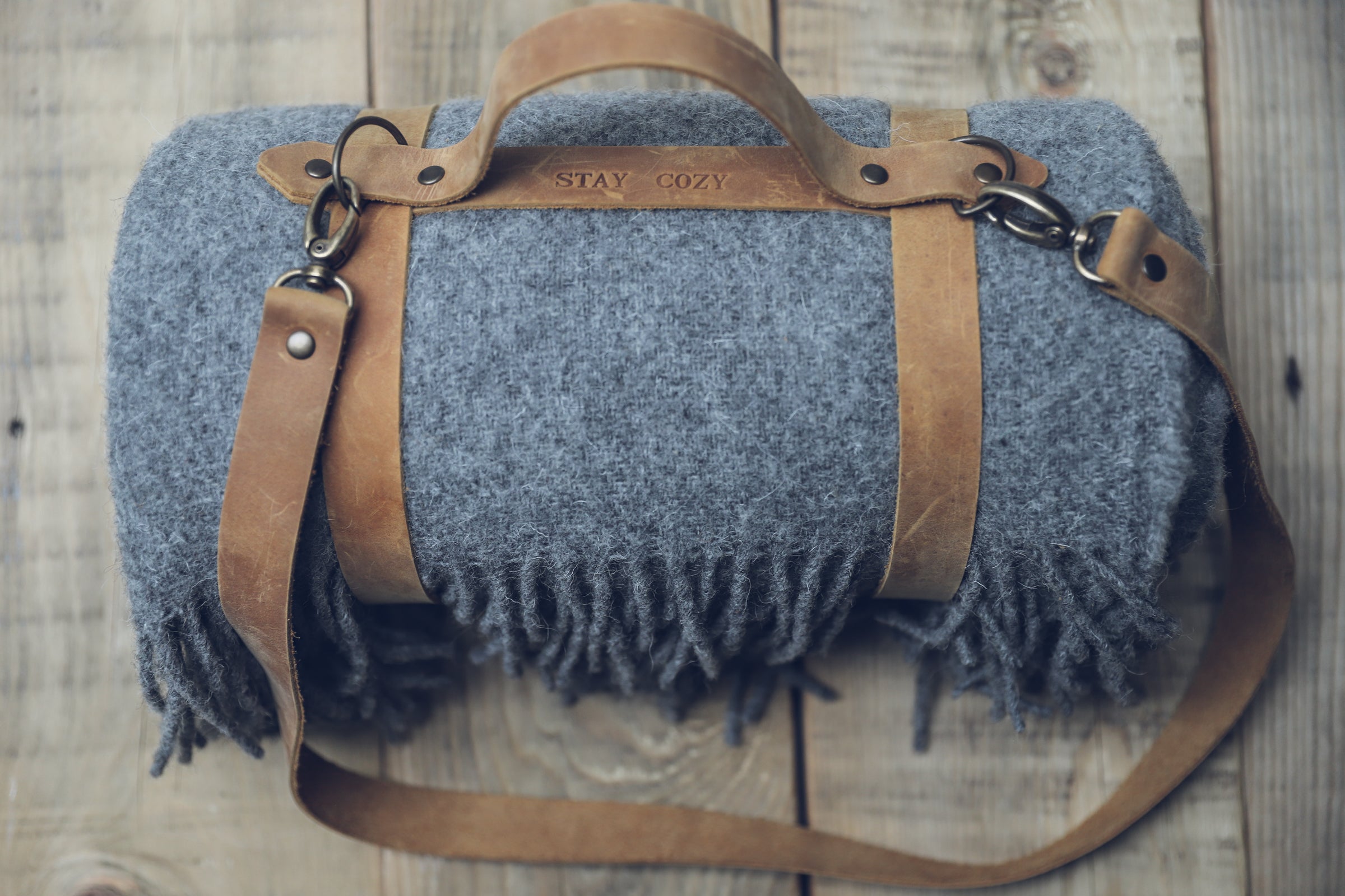 Leather Handle Straped Gray Wool Throw Blanket Epic Linen