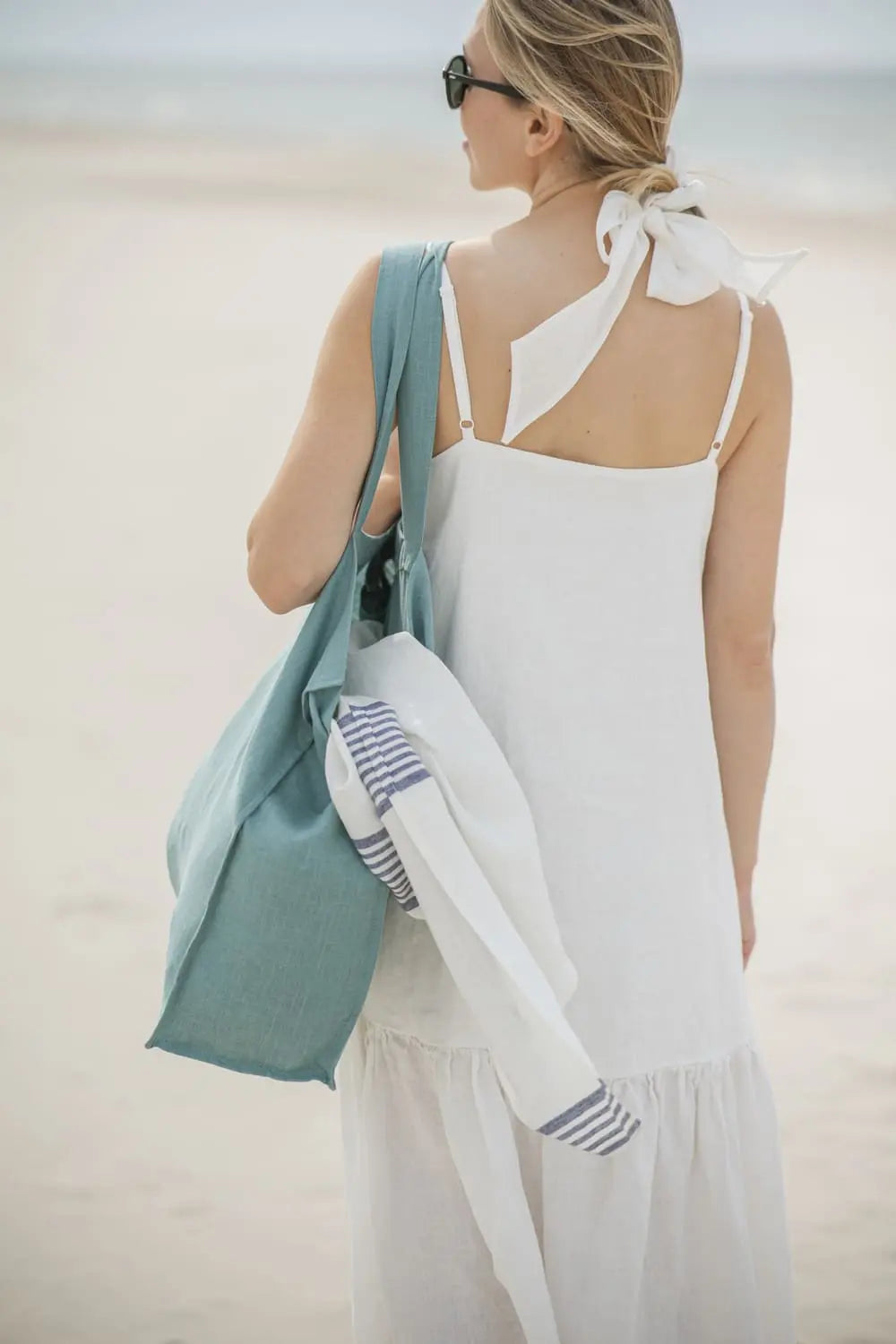 Linen Huckaback Beach Towel White Blue Striped