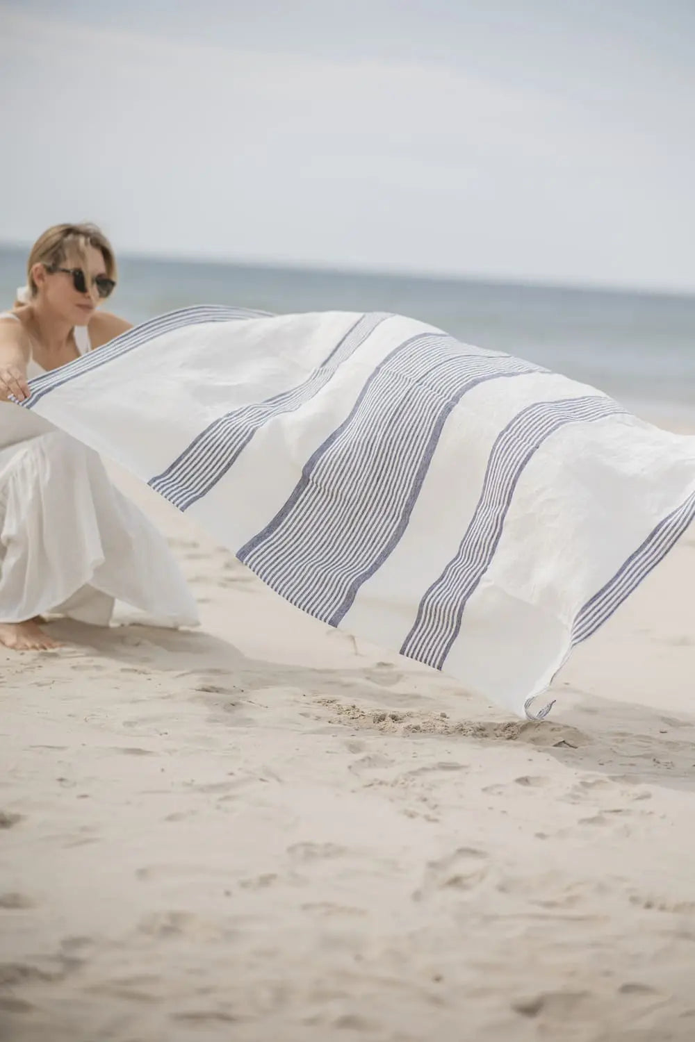 Linen Huckaback Beach Towel White Blue Striped