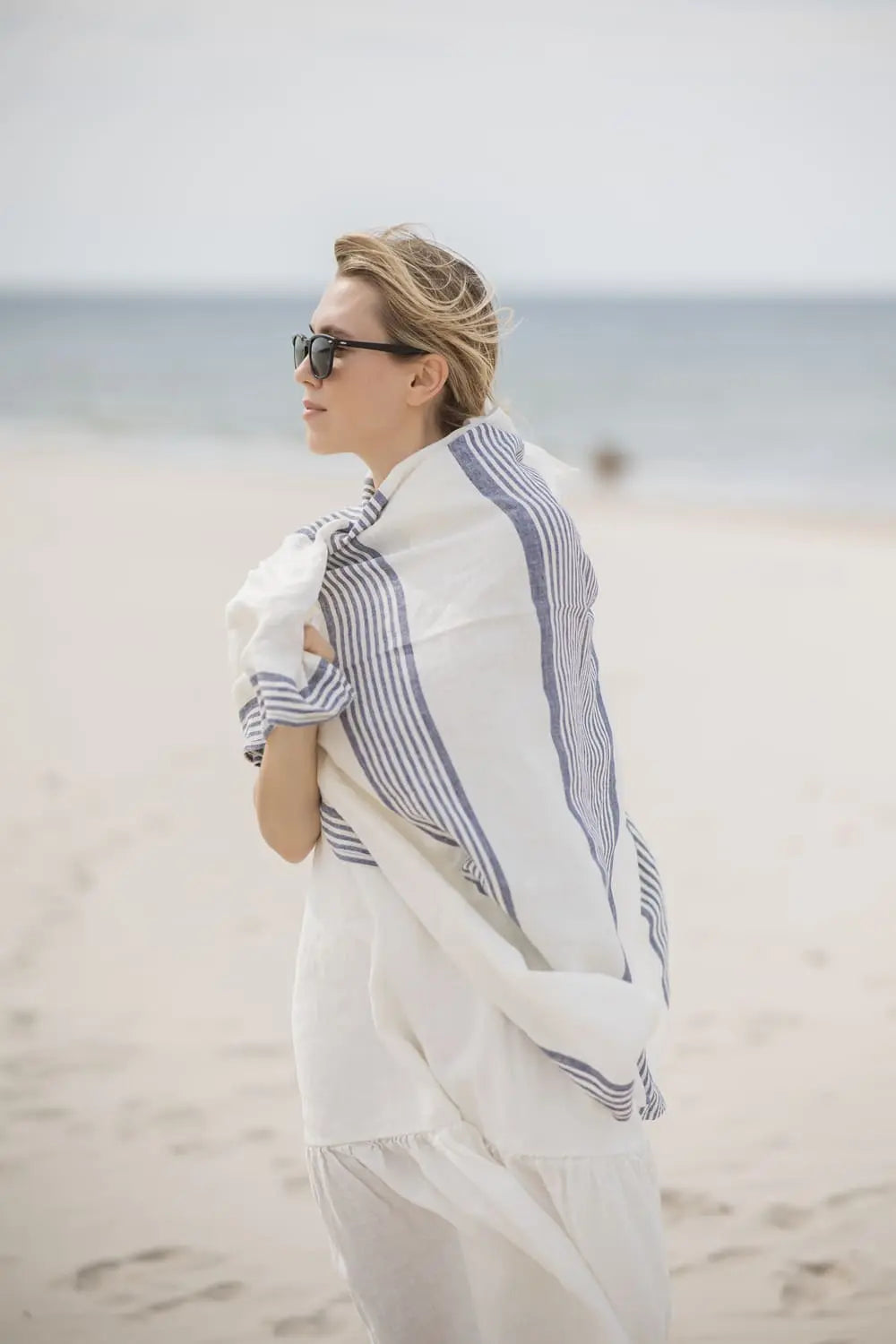 Linen Huckaback Beach Towel White Blue Striped