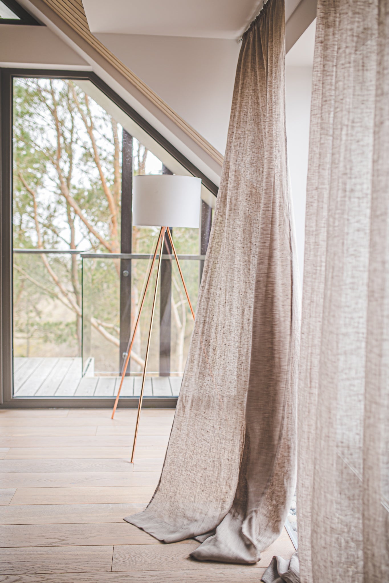 Linen Curtain Panel Wide Ripple Fold in Natural Gray Stripes Epic Linen
