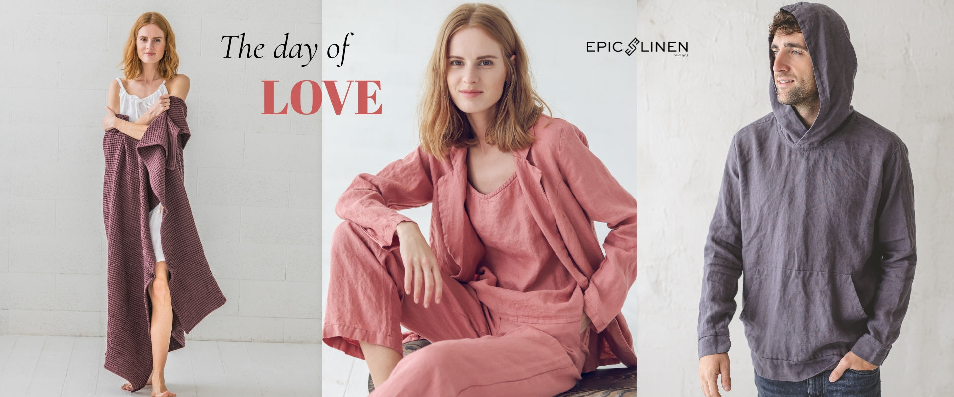 A woman and a man wearing linen hoodie, linen suit and linen waffle towel representing perfect linen gifts for Valentines day. 