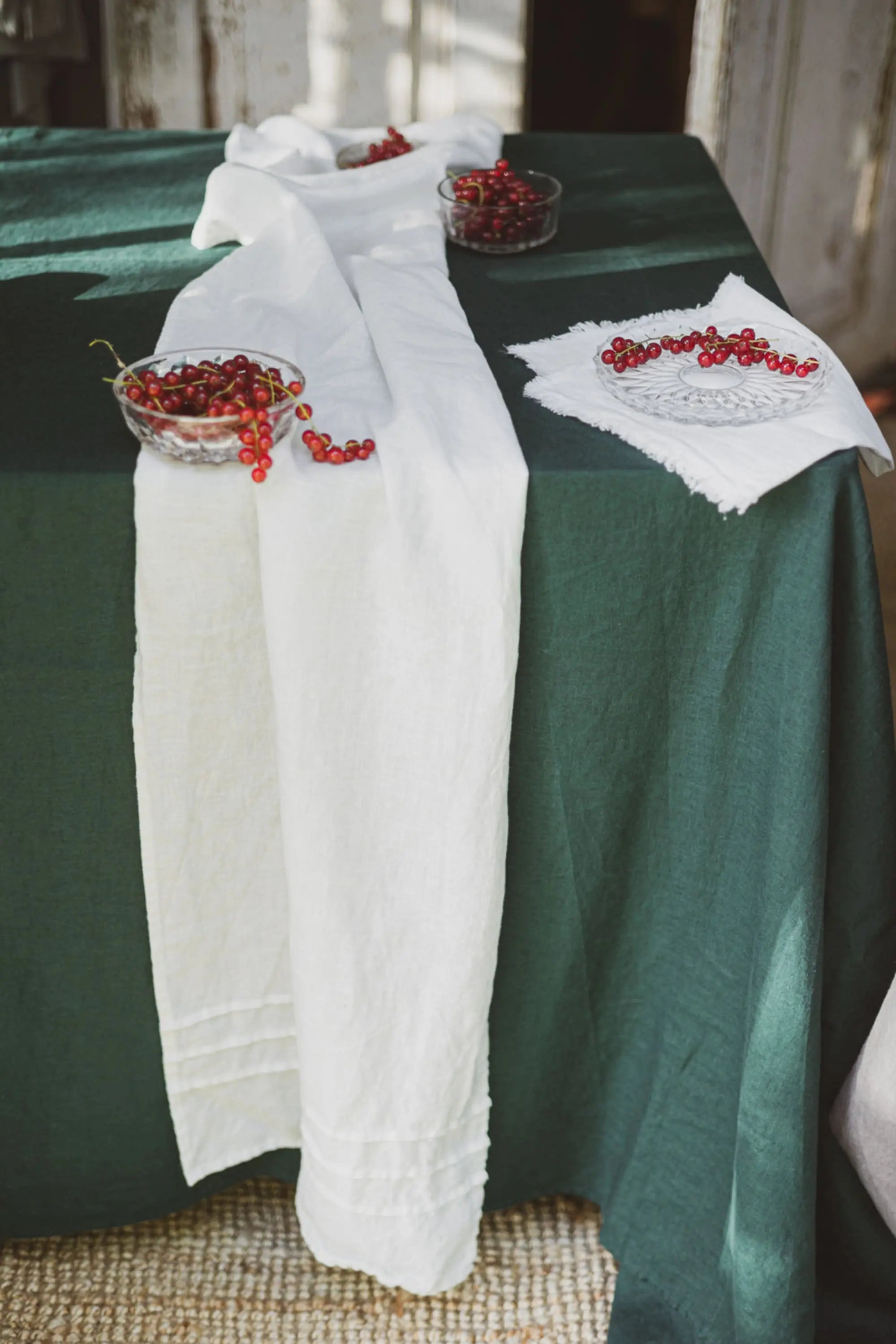 Natural Stonewashed Dark Green Linen Tablecloth