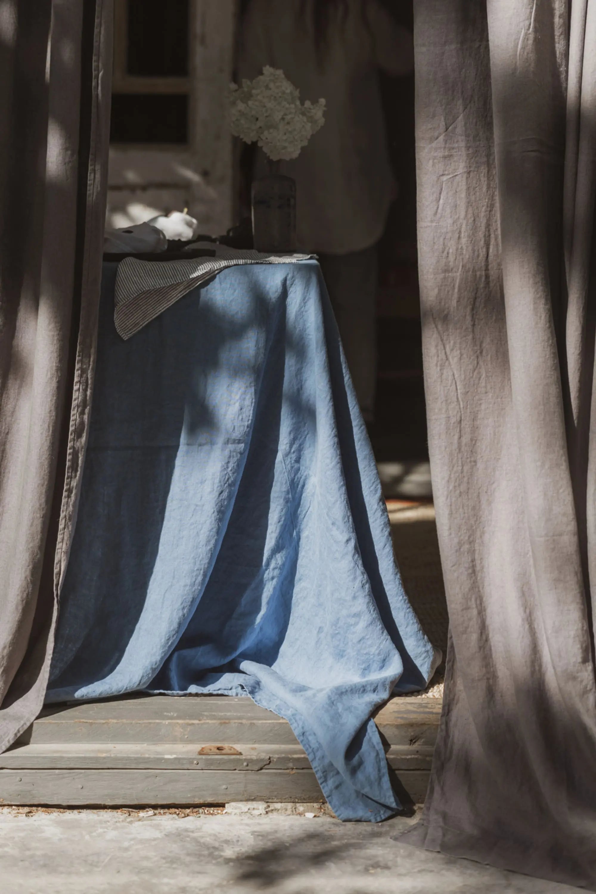 Dusk Blue Stonewashed Linen Tablecloth for Dining Table