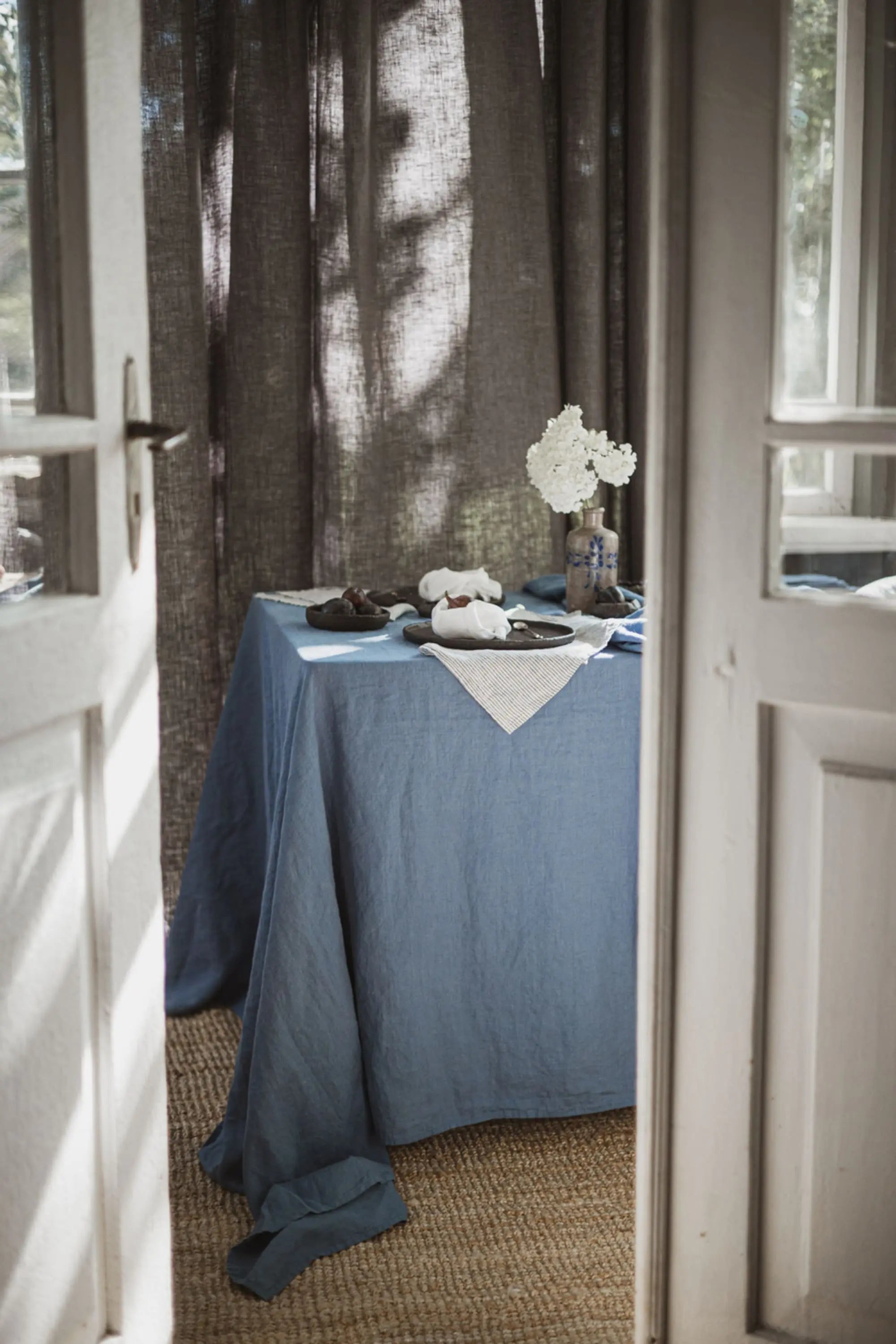 Dusk Blue Stonewashed Linen Tablecloth for Dining Table