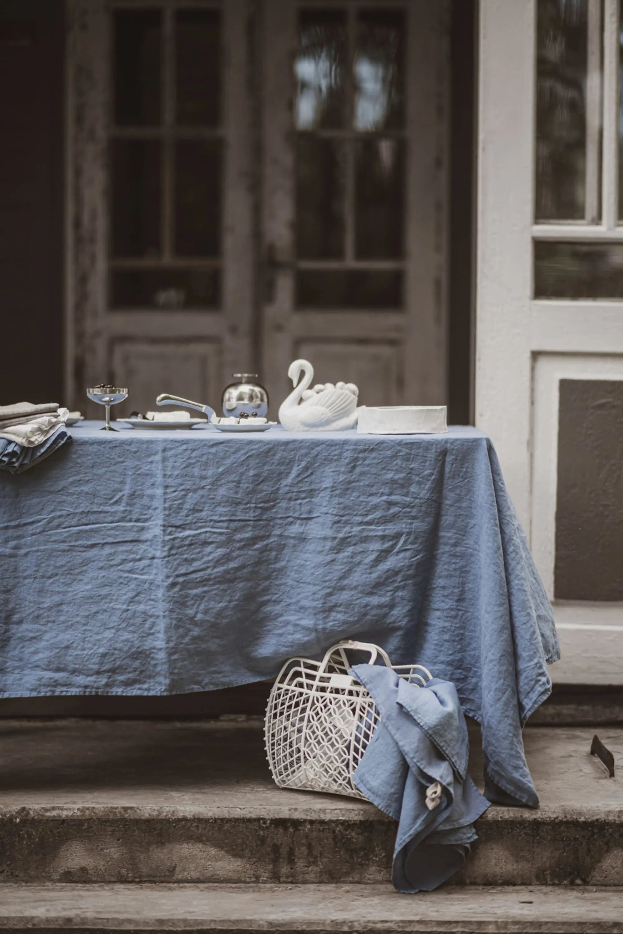 Dusk Blue Stonewashed Linen Tablecloth for Dining Table