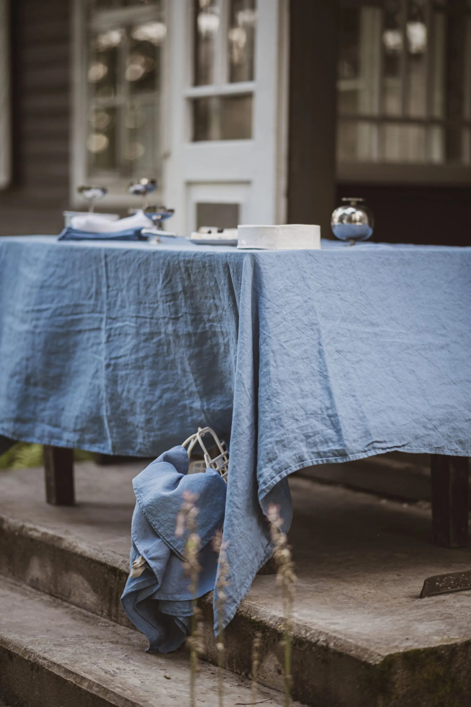 Dusk Blue Stonewashed Linen Tablecloth for Dining Table