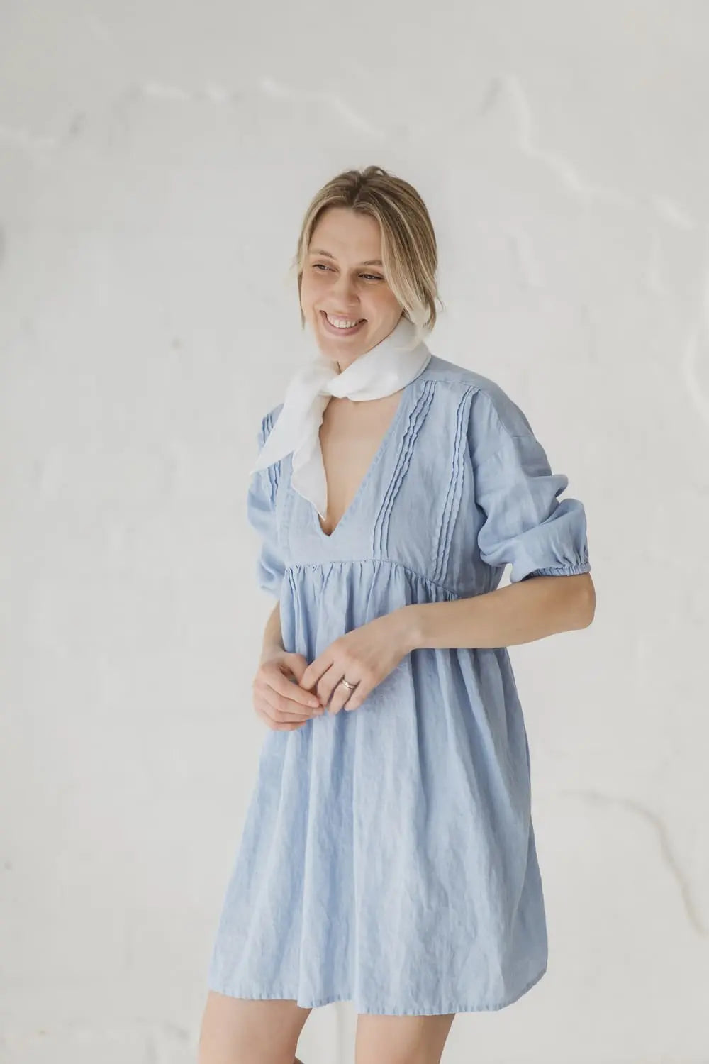 Linen Gathered Waist Mini Dress styled with white linen neck scarf