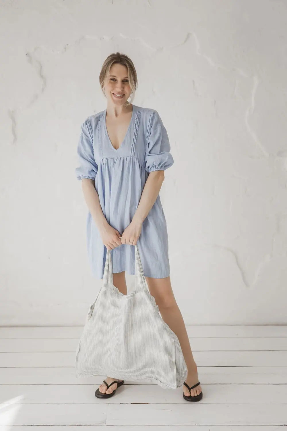 Linen Gathered Waist Mini Dress styled with striped linen tote bag
