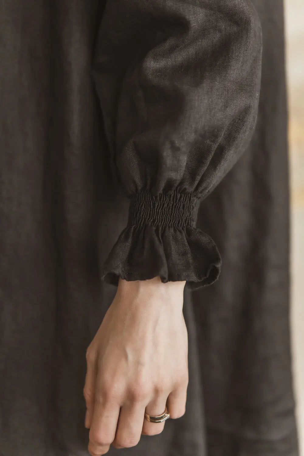 Linen Mini Dress Marea smocked cuff and bishop sleeve detail