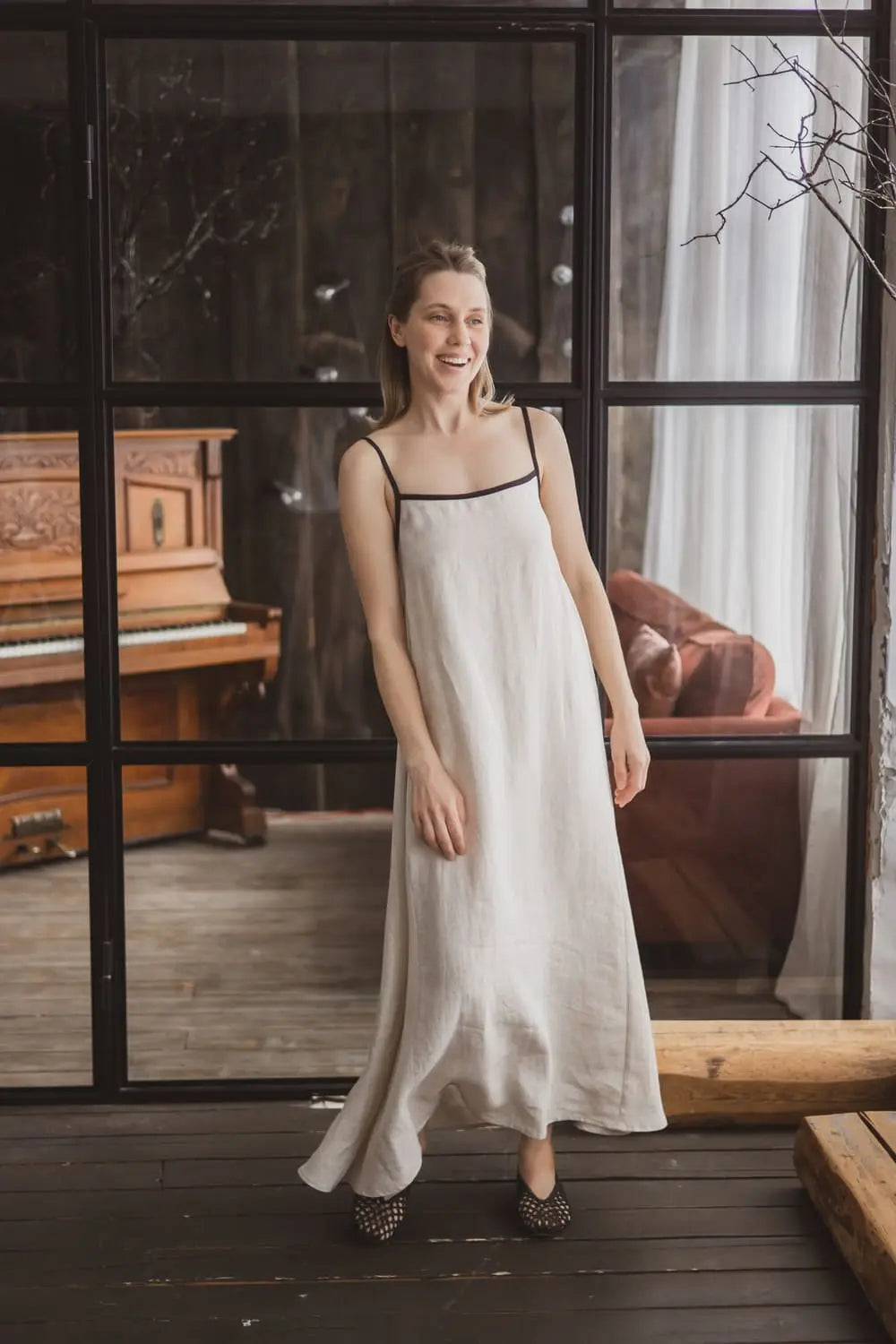 Linen Slip Dress MUSE – Contrast Trim Maxi Dress | EpicLinen