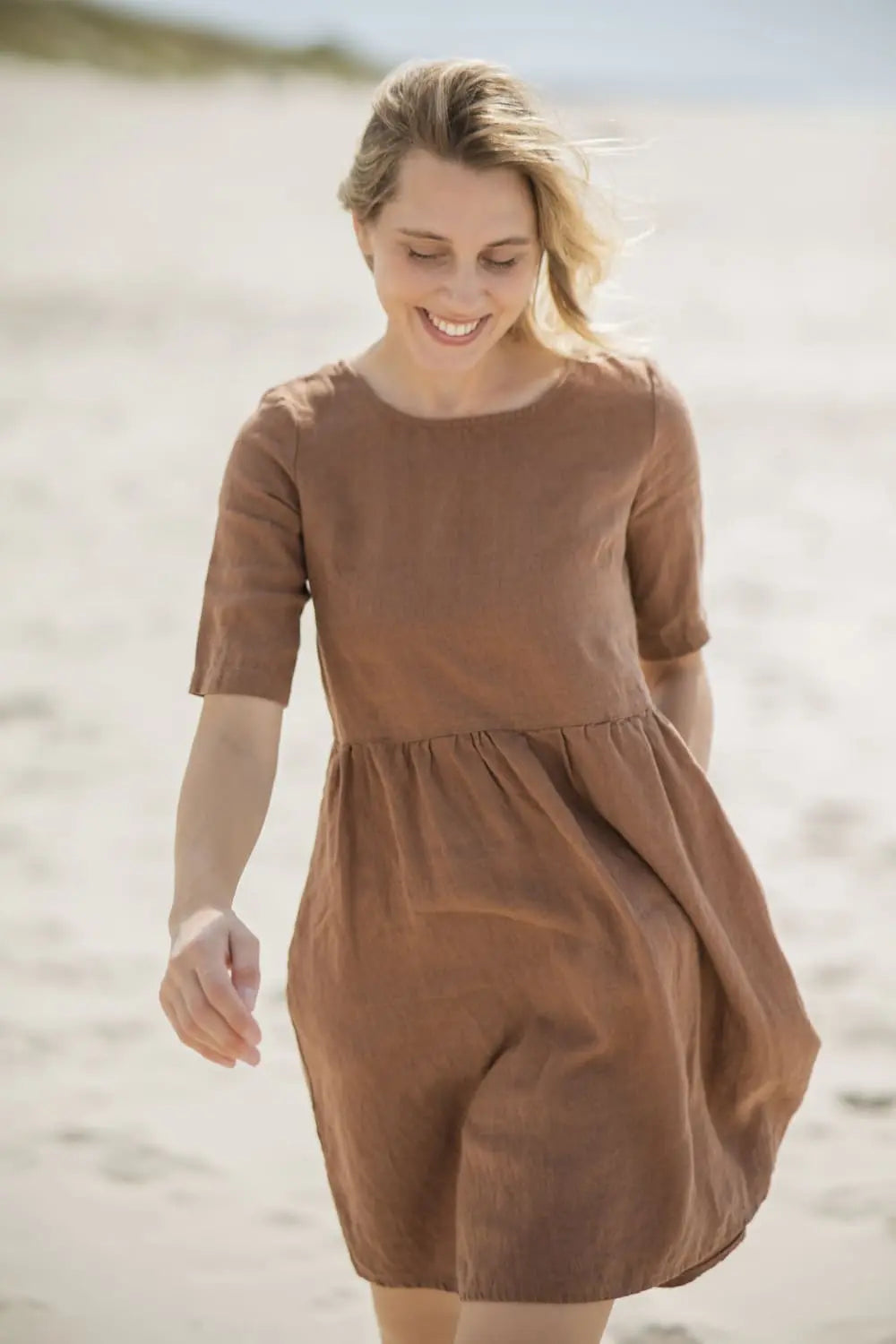 Linen Dress with Pockets, close-up front view, lifestyle shot