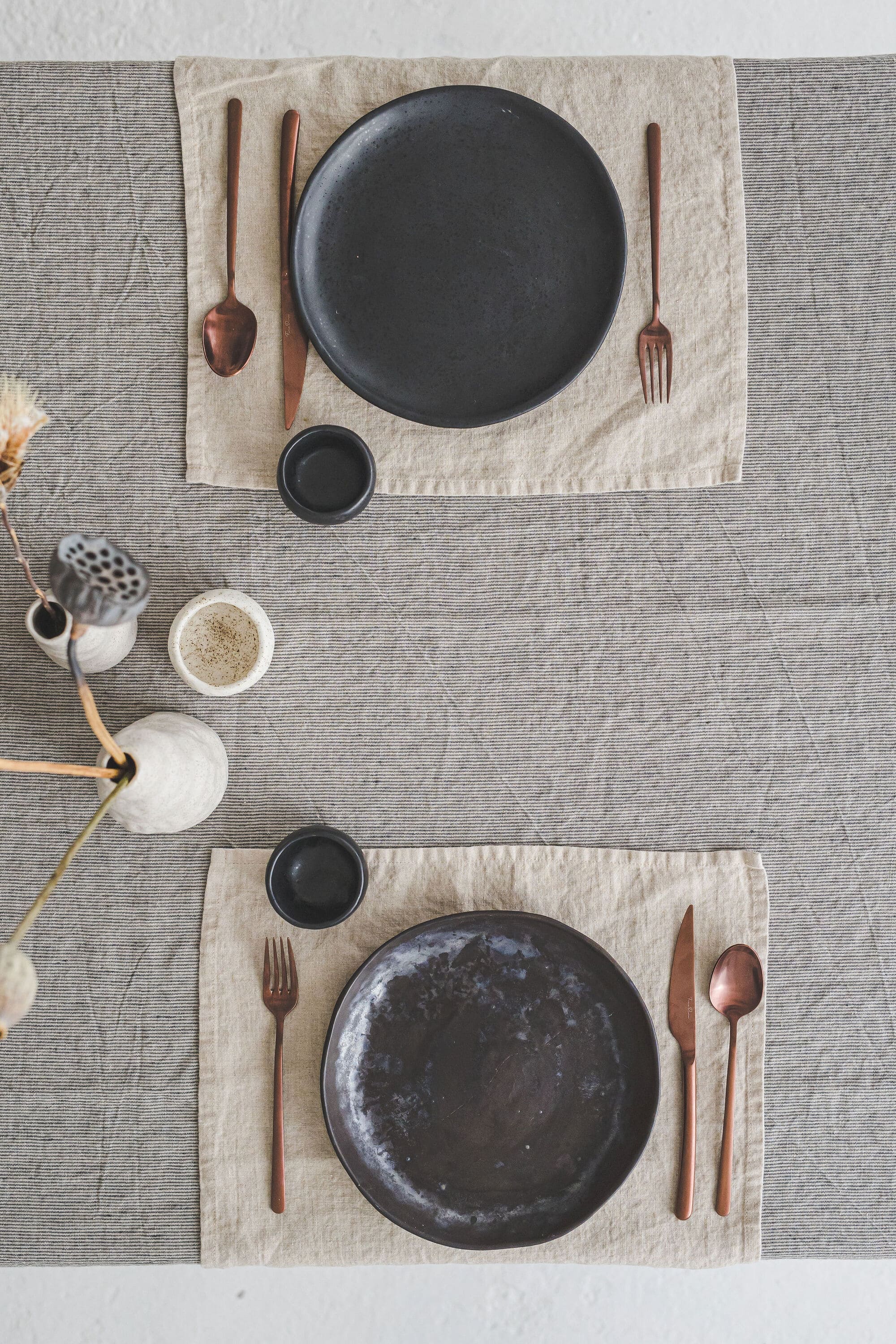 Stonewashed Natural Black Stripes Linen Tablecloth