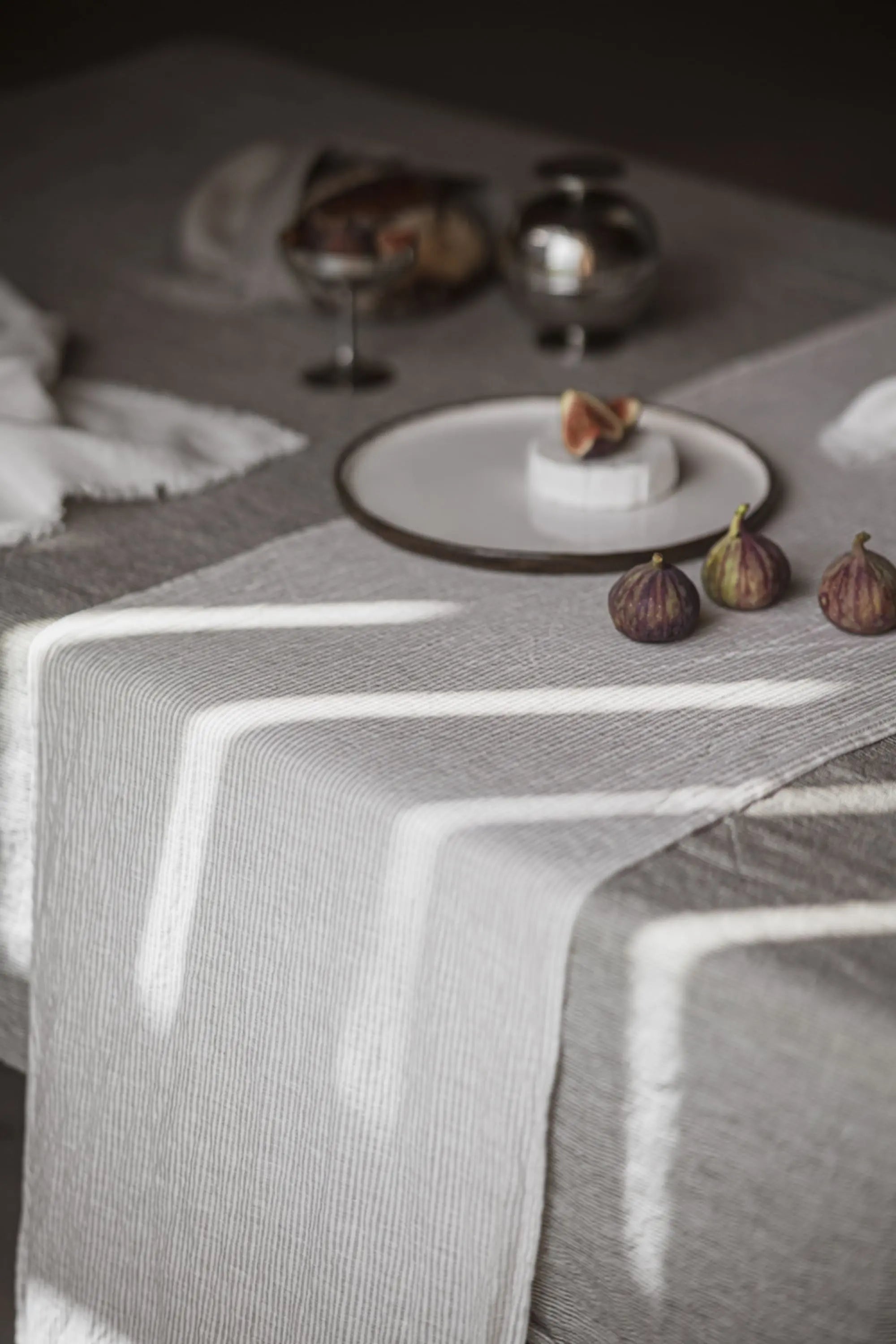 Stonewashed Natural Black Stripes Linen Tablecloth