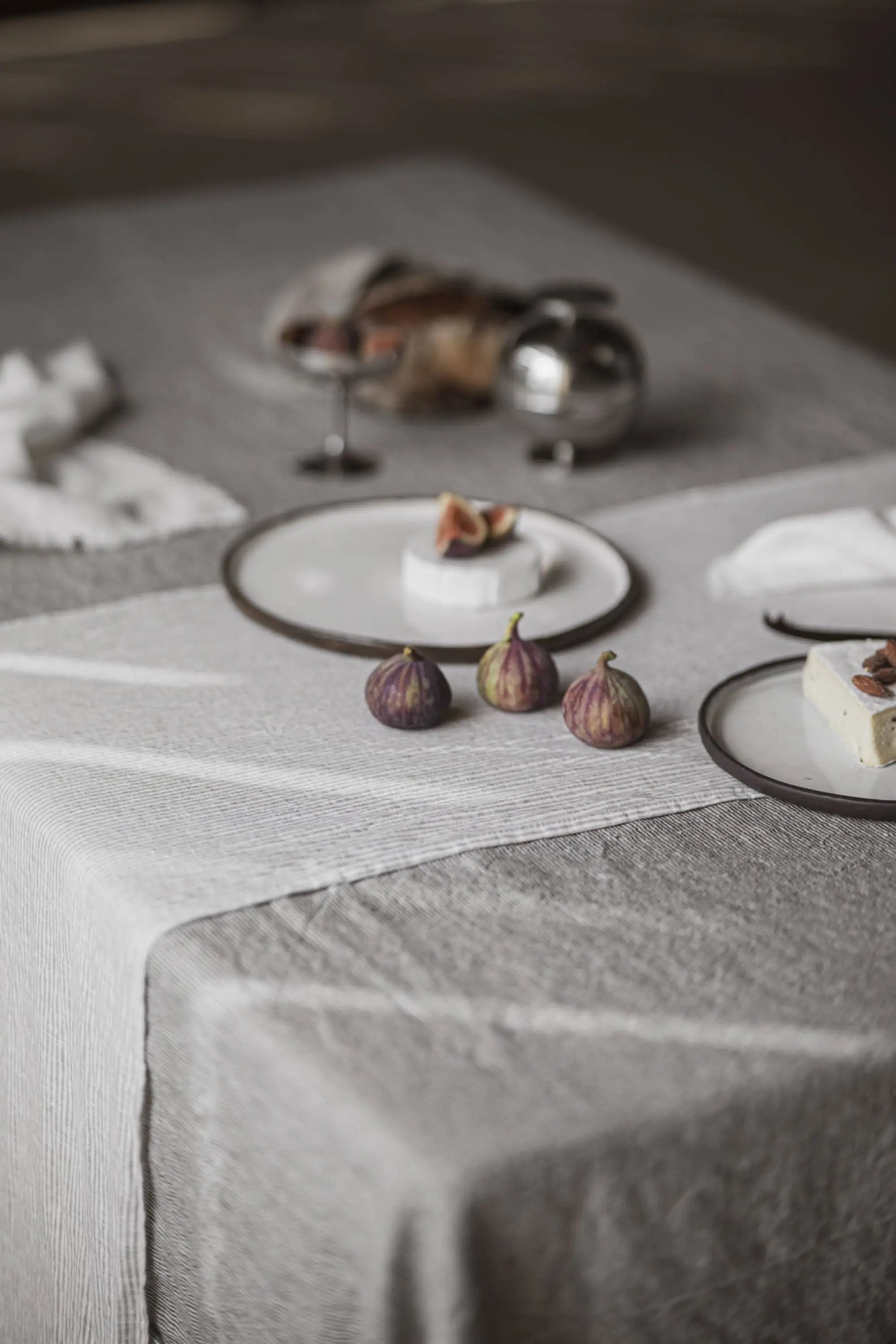 Stonewashed Natural Black Stripes Linen Tablecloth
