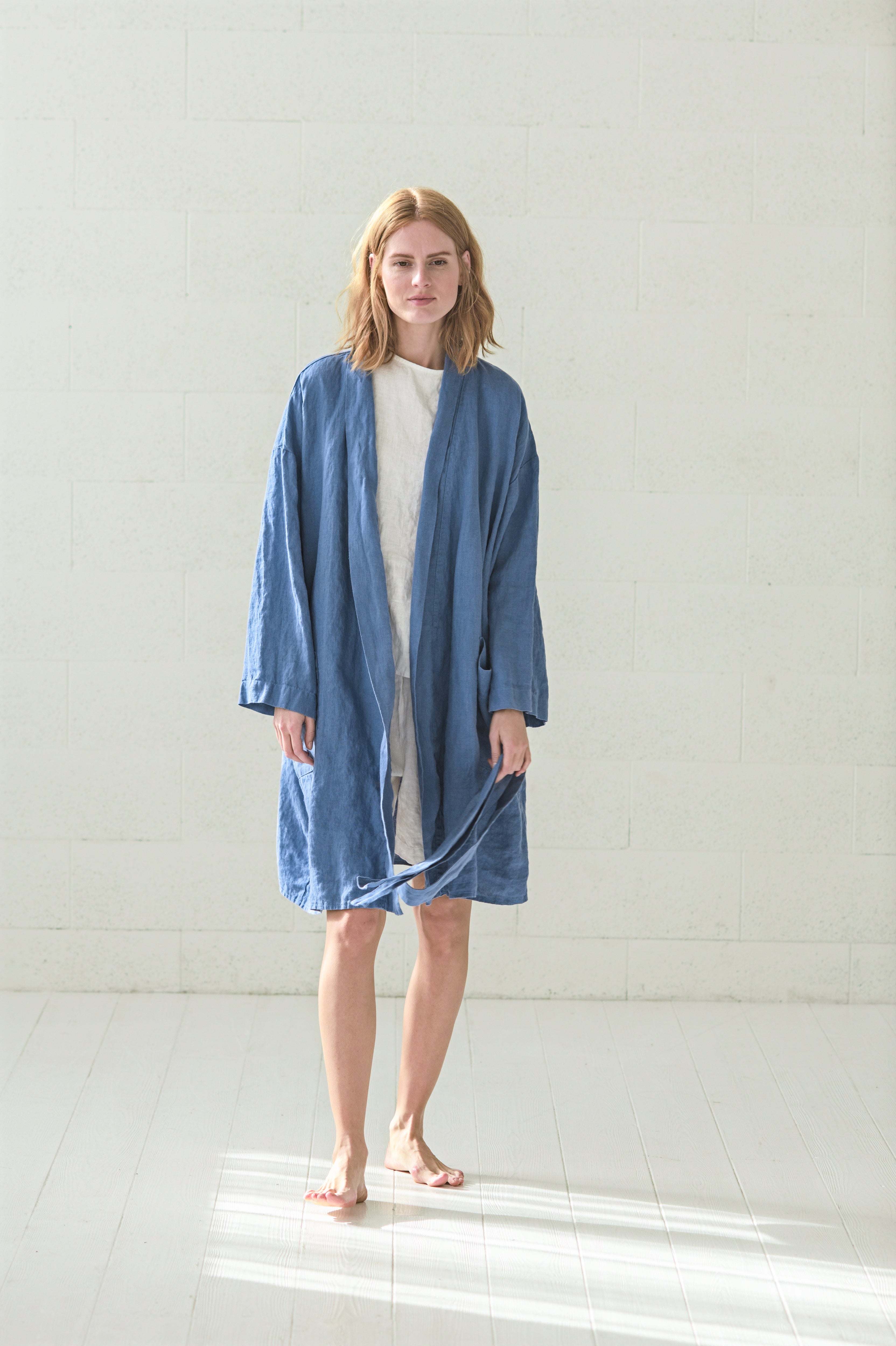 Linen Bathrobe in Dusk Blue Epic Linen