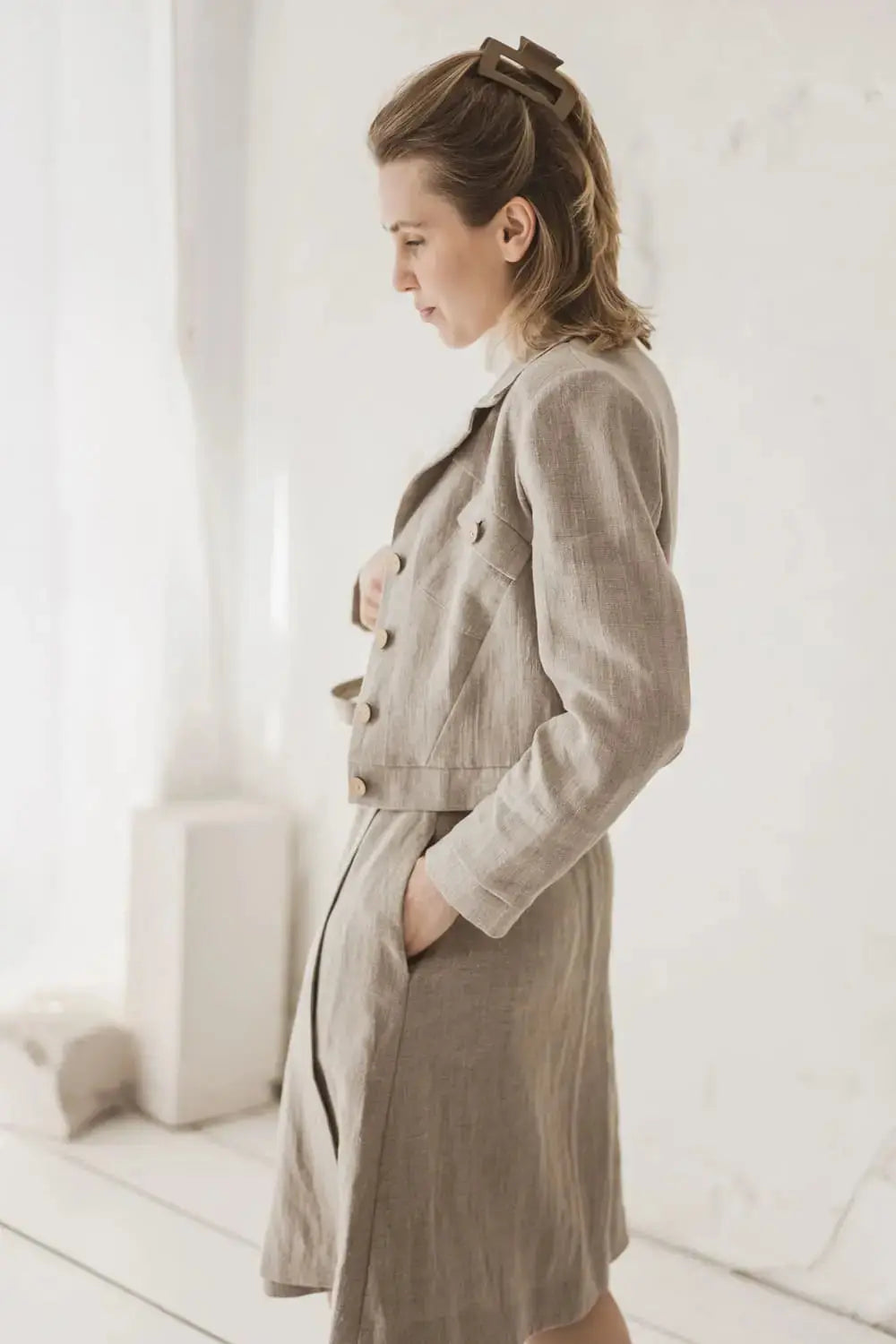 Structured Cropped Linen Blazer — side view with linen skirt