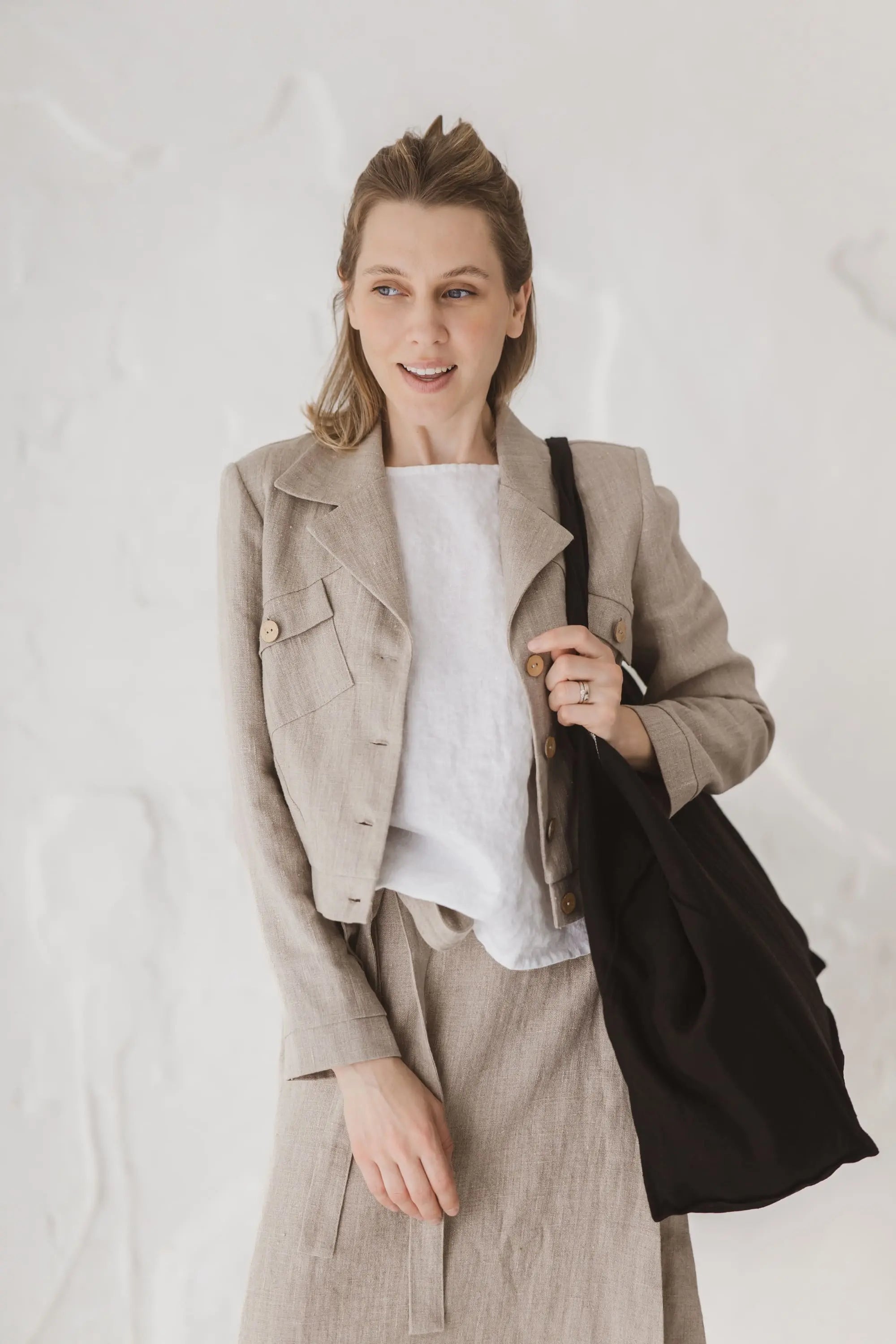 Structured Cropped Linen Blazer styled with linen skirt and tote bag