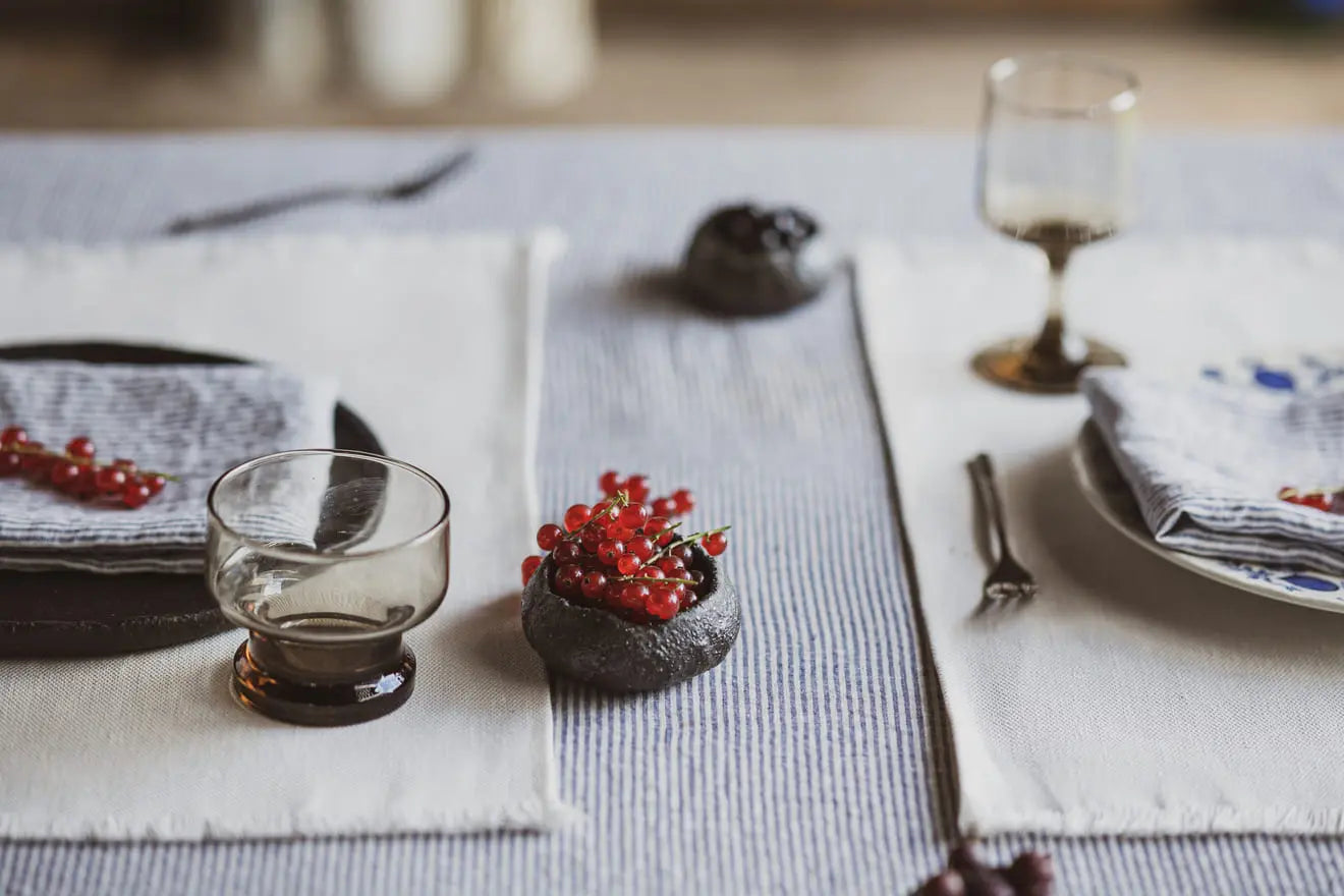 Natural Stonewashed White Blue Stripes Linen Tablecloth