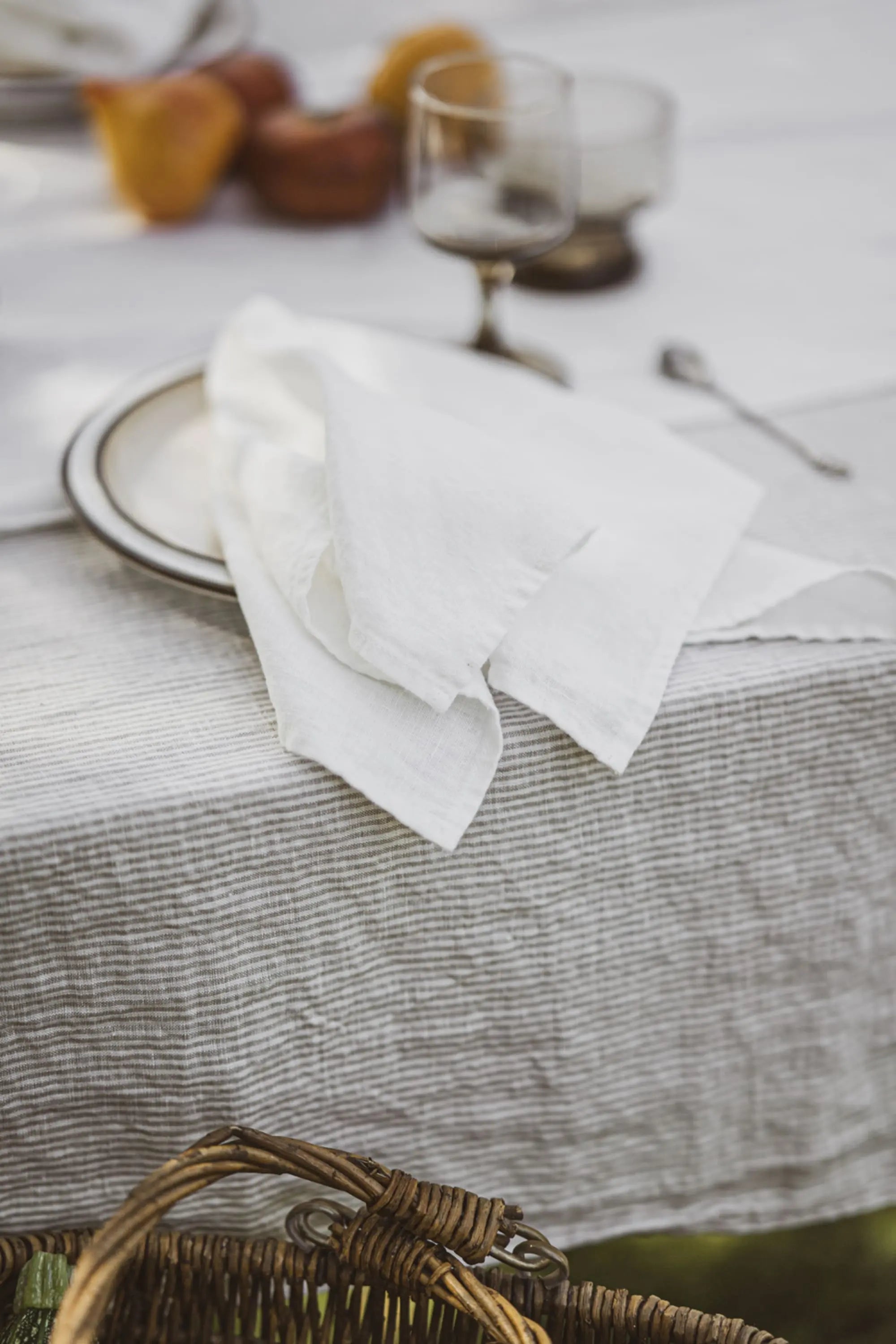 Natural Stonewashed White Natural Stripes Linen Tablecloth