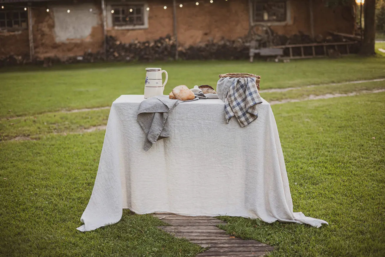 Natural Stonewashed White Natural Stripes Linen Tablecloth