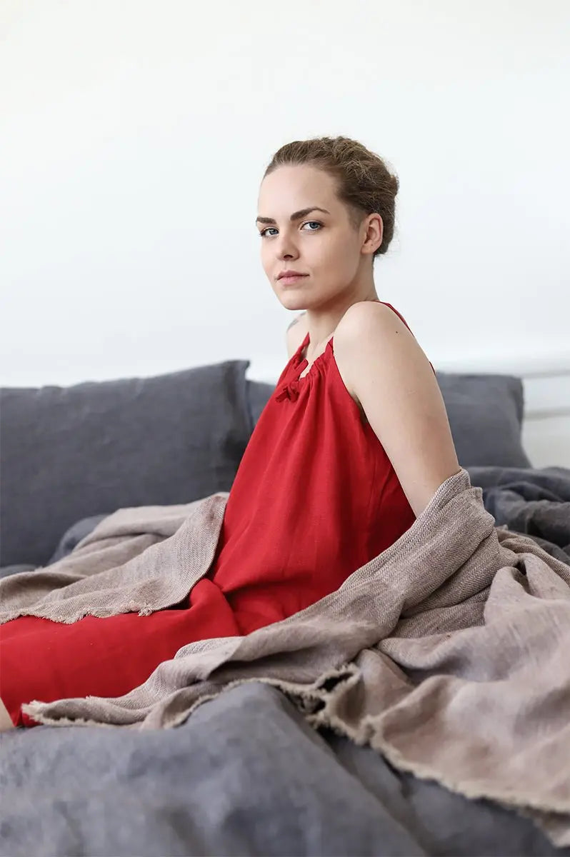 Linen Burgundy Throw Blanket with Leather Handle - Epic Linen luxury linen