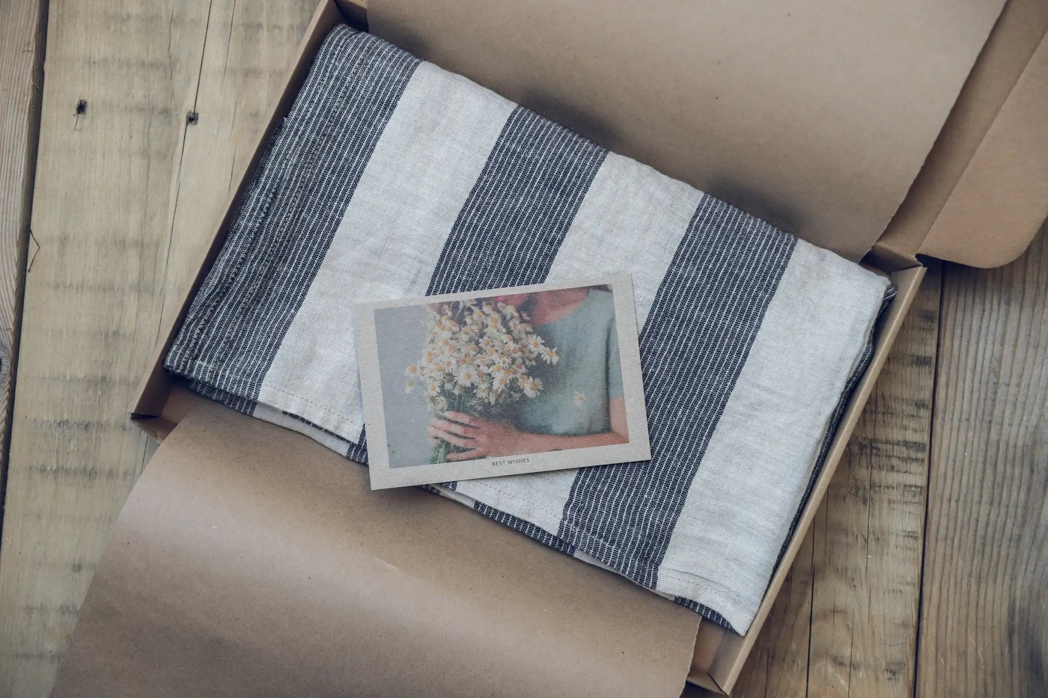 Linen Huckaback Beach Towel Natural Gray Striped in Gift Box - Epic Linen luxury linen