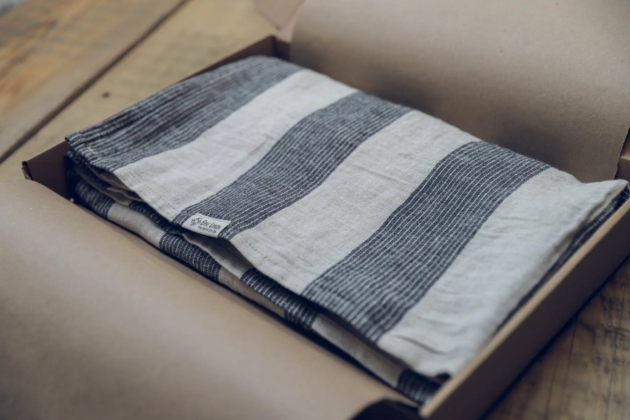 Linen Huckaback Beach Towel Natural Gray Striped in Gift Box - Epic Linen luxury linen