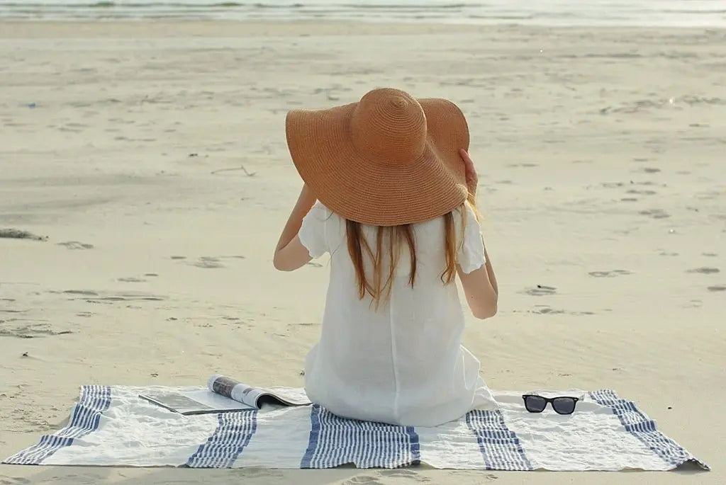 Linen Huckaback Beach Towel White Blue Striped - Epic Linen luxury linen