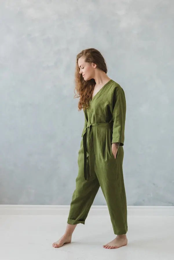Linen Jumpsuit with Kimono Style Long Sleeves - Epic Linen luxury linen