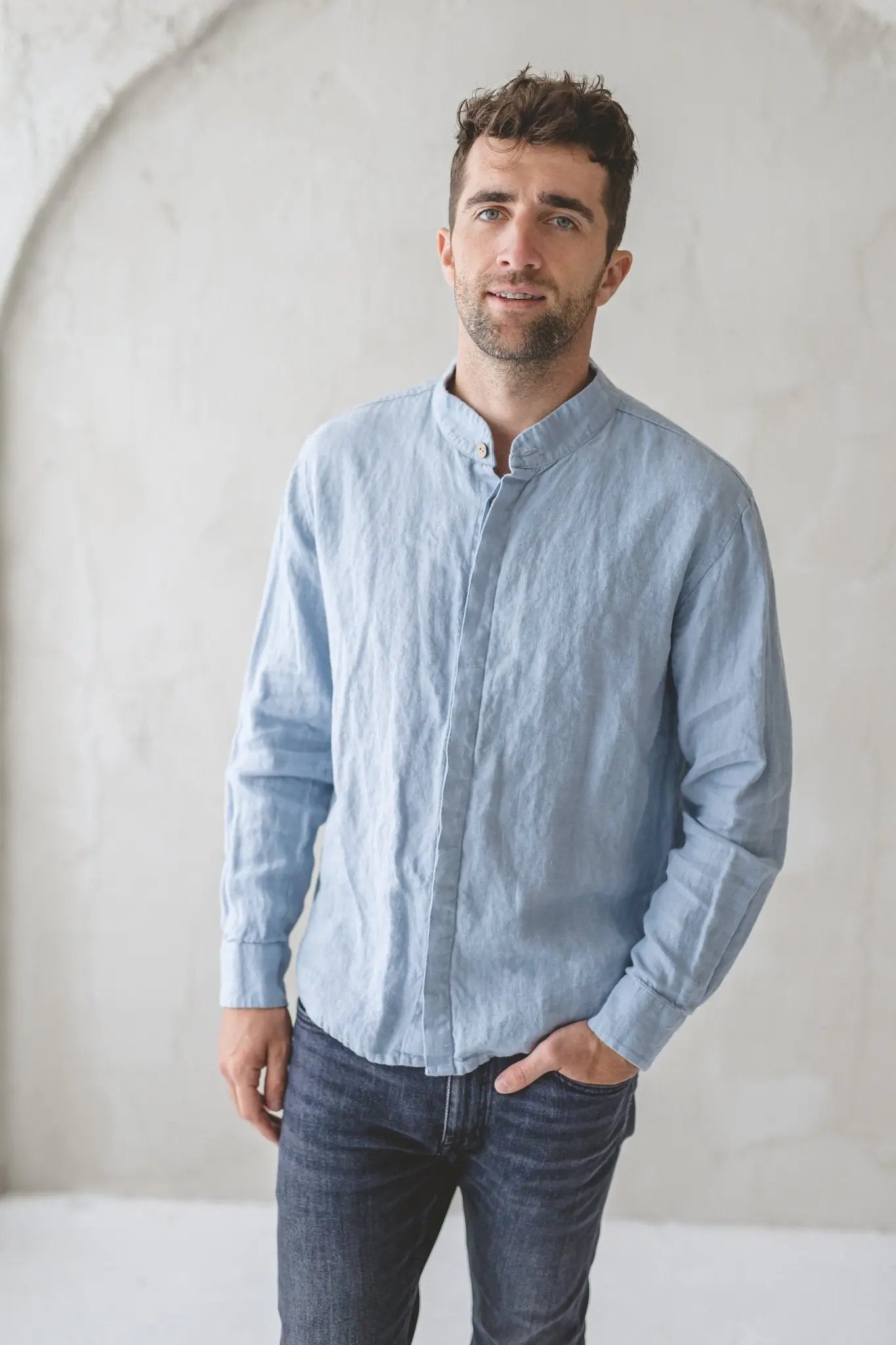 Men's Linen Shirt with Hidden Buttons - Epic Linen luxury linen