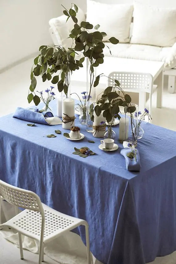 Natural Stonewashed Dusk Blue Linen Tablecloth - Epic Linen luxury linen
