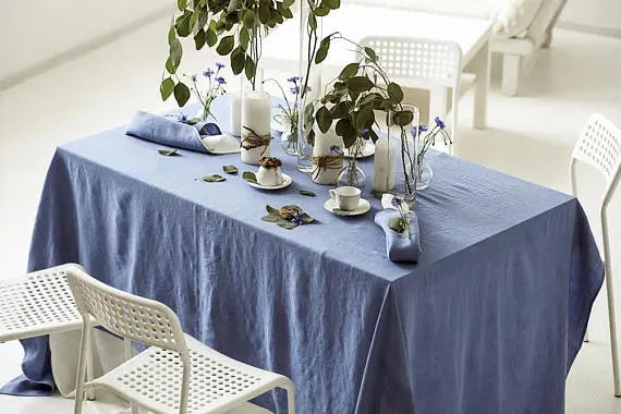 Natural Stonewashed Dusk Blue Linen Tablecloth - Epic Linen luxury linen